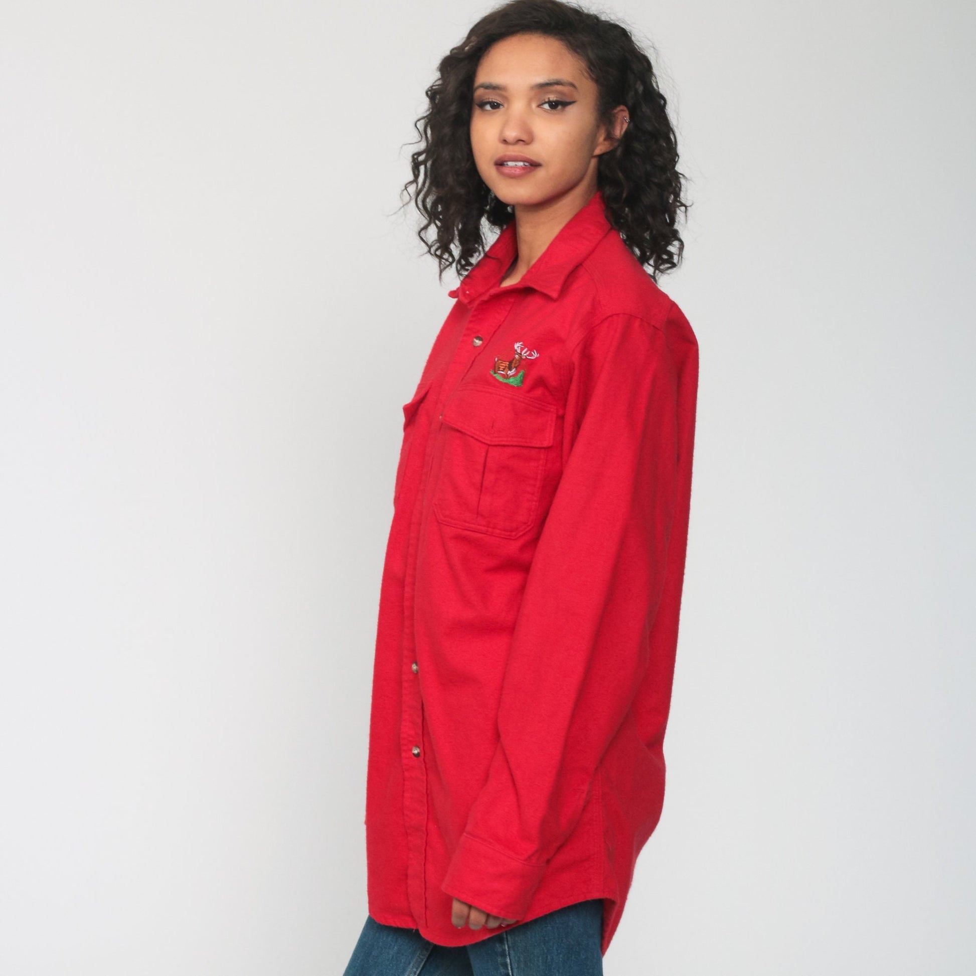 90s Scheels Sports Outfitters Deer Graphic Button-Up Shirt Red Cotton Large Tall