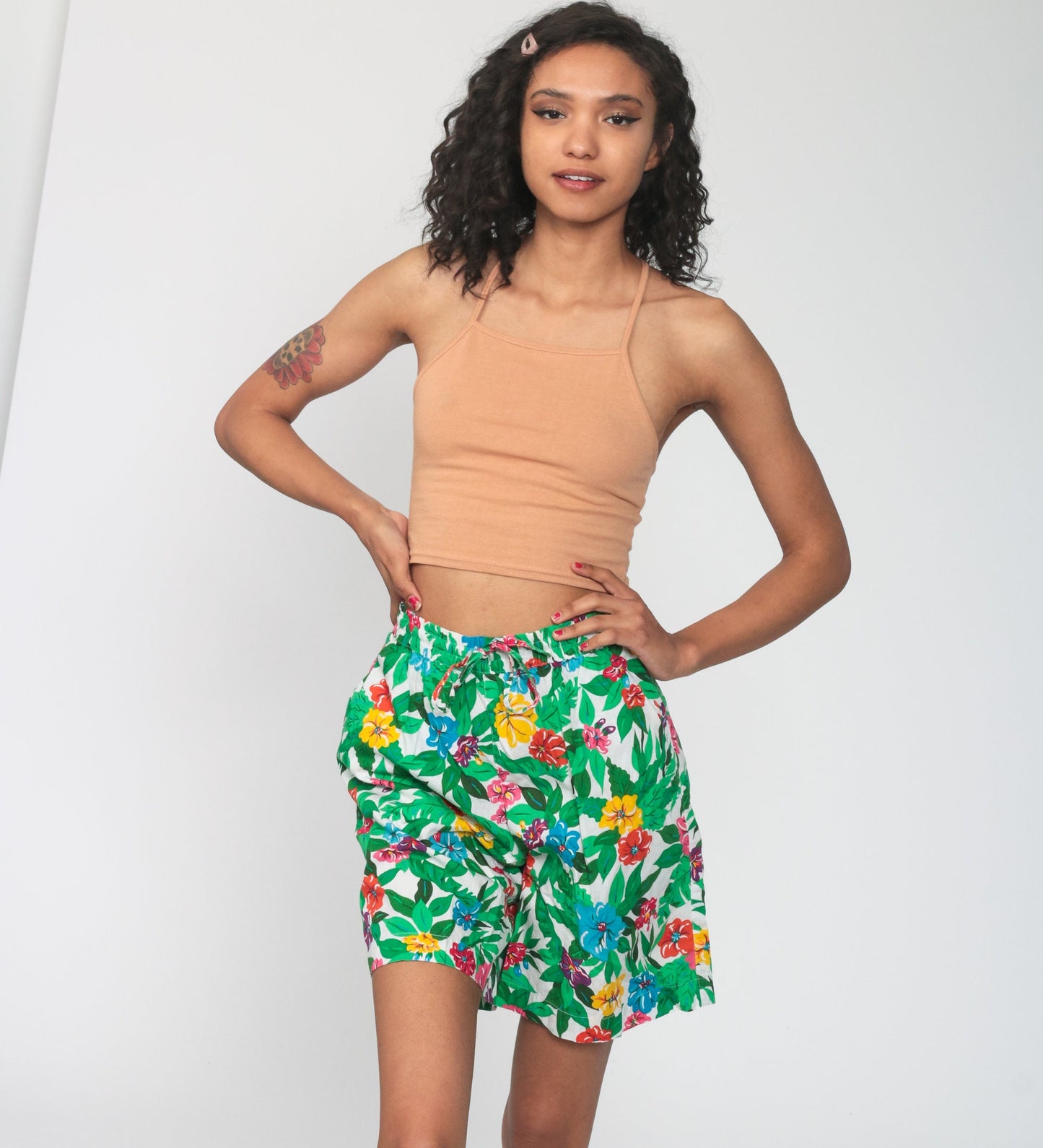 90s Liz Sport Tropical Floral High-Waist Shorts Green Small