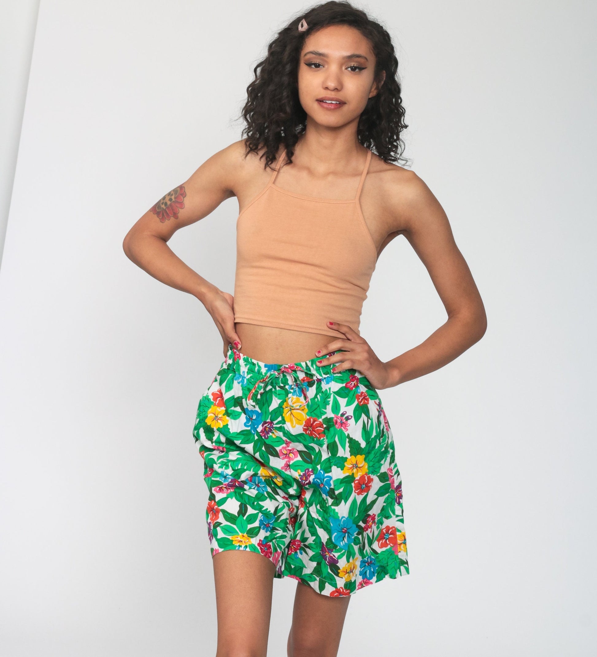 90s Liz Sport Tropical Floral High-Waist Shorts Green Small