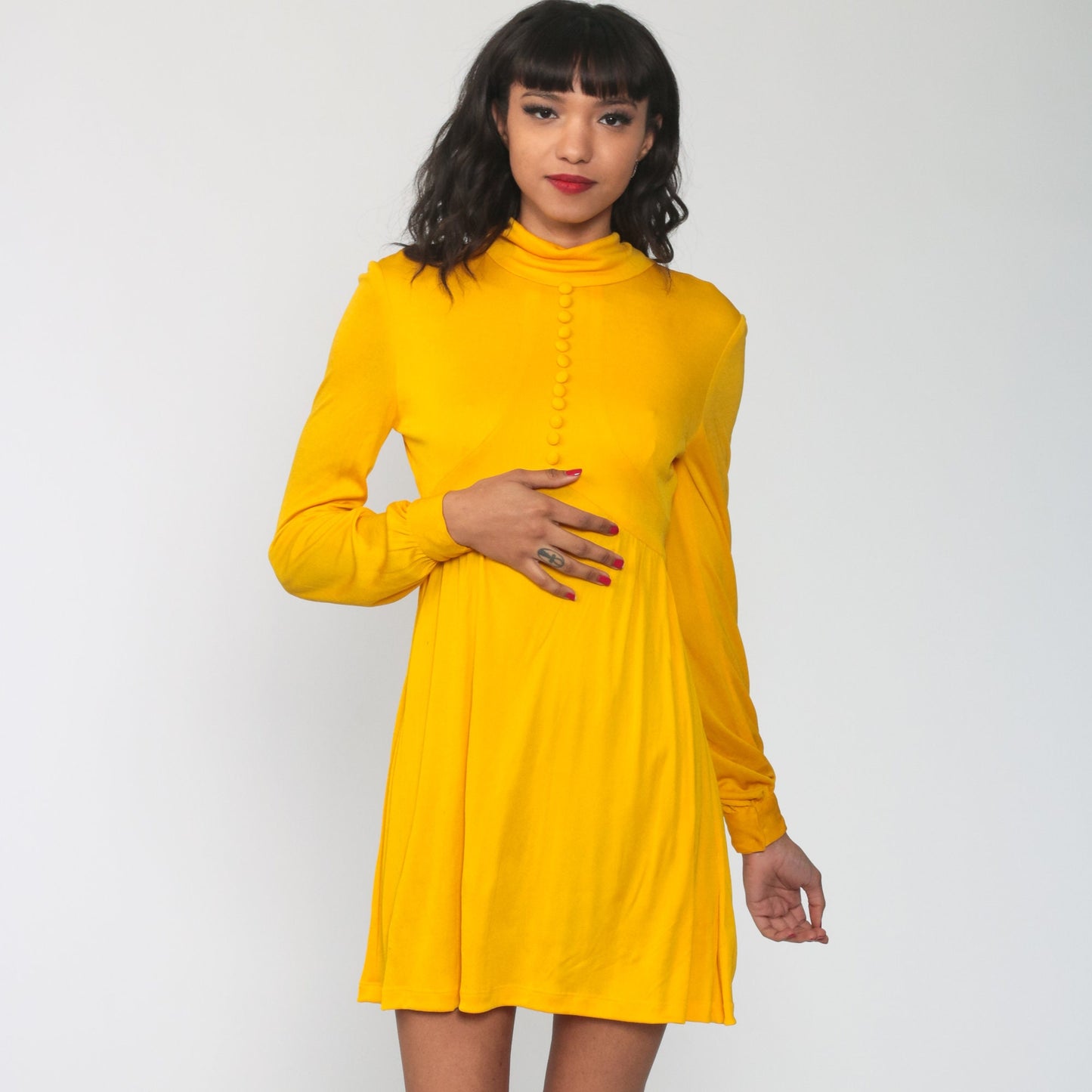 70s Yellow Babydoll Mini Dress Empire Waist Funnel Neck Long Sleeve Extra Small