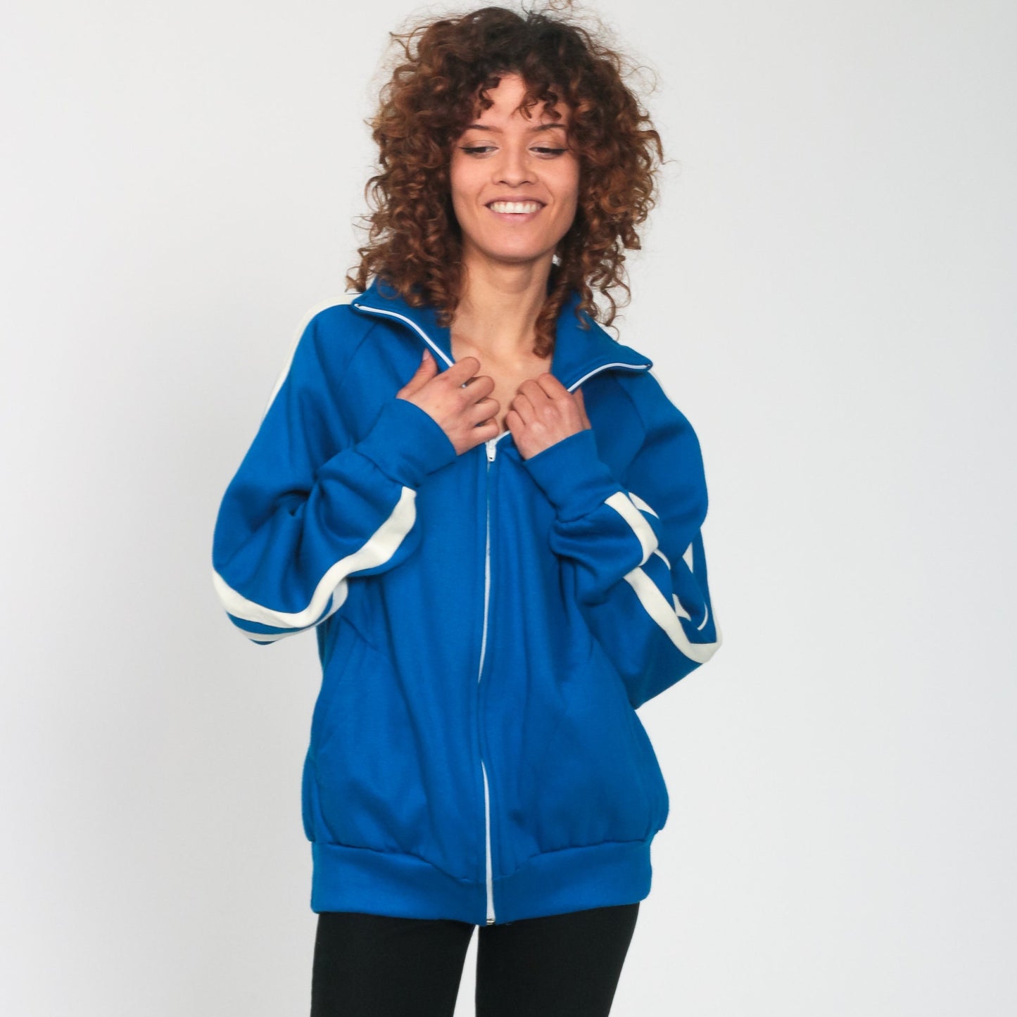 80s Royal Blue Striped Raglan Track Jacket Zip Up Small Medium