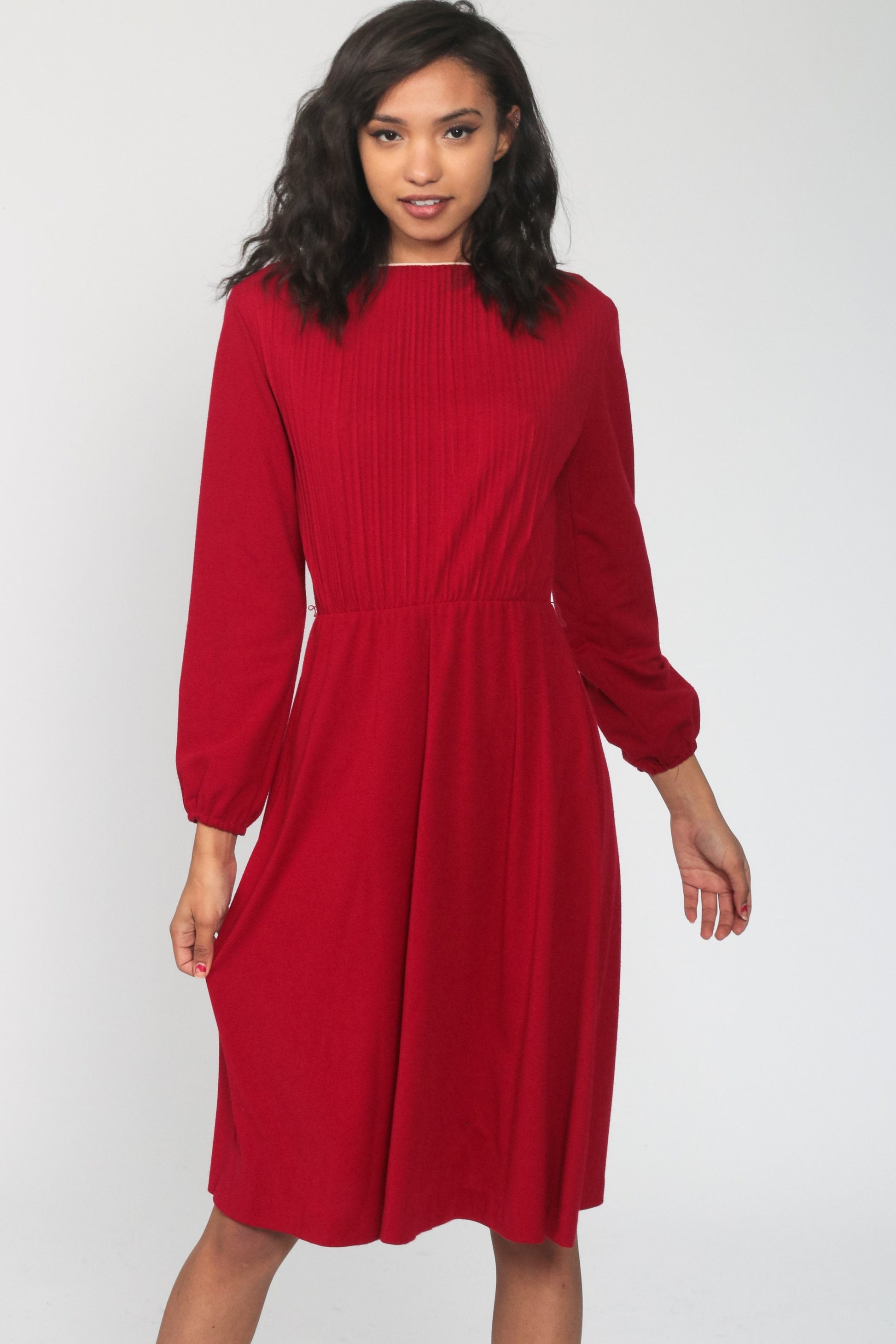 70s Dark Red Midi Dress High Waist Knife Pleated Long Sleeve Small
