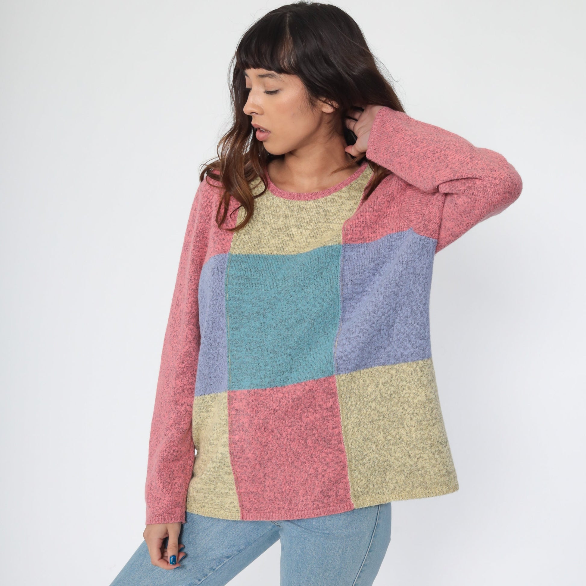 90s Christopher Banks Wool Blend Color Block Pullover Sweater Pink Teal Large