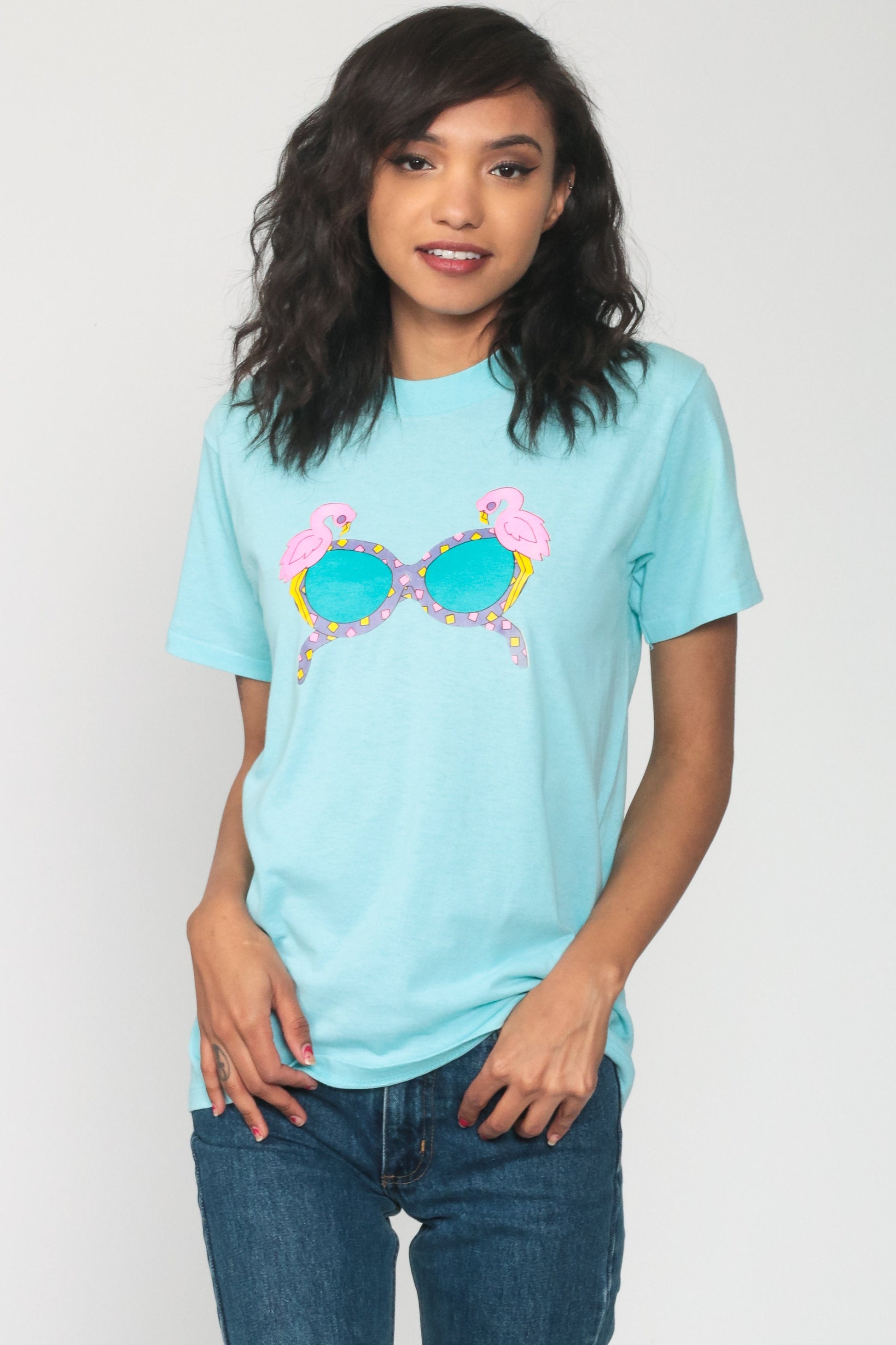 80s Flamingo Sunglasses Graphic T-Shirt Neon Aqua Single Stitch Extra Small