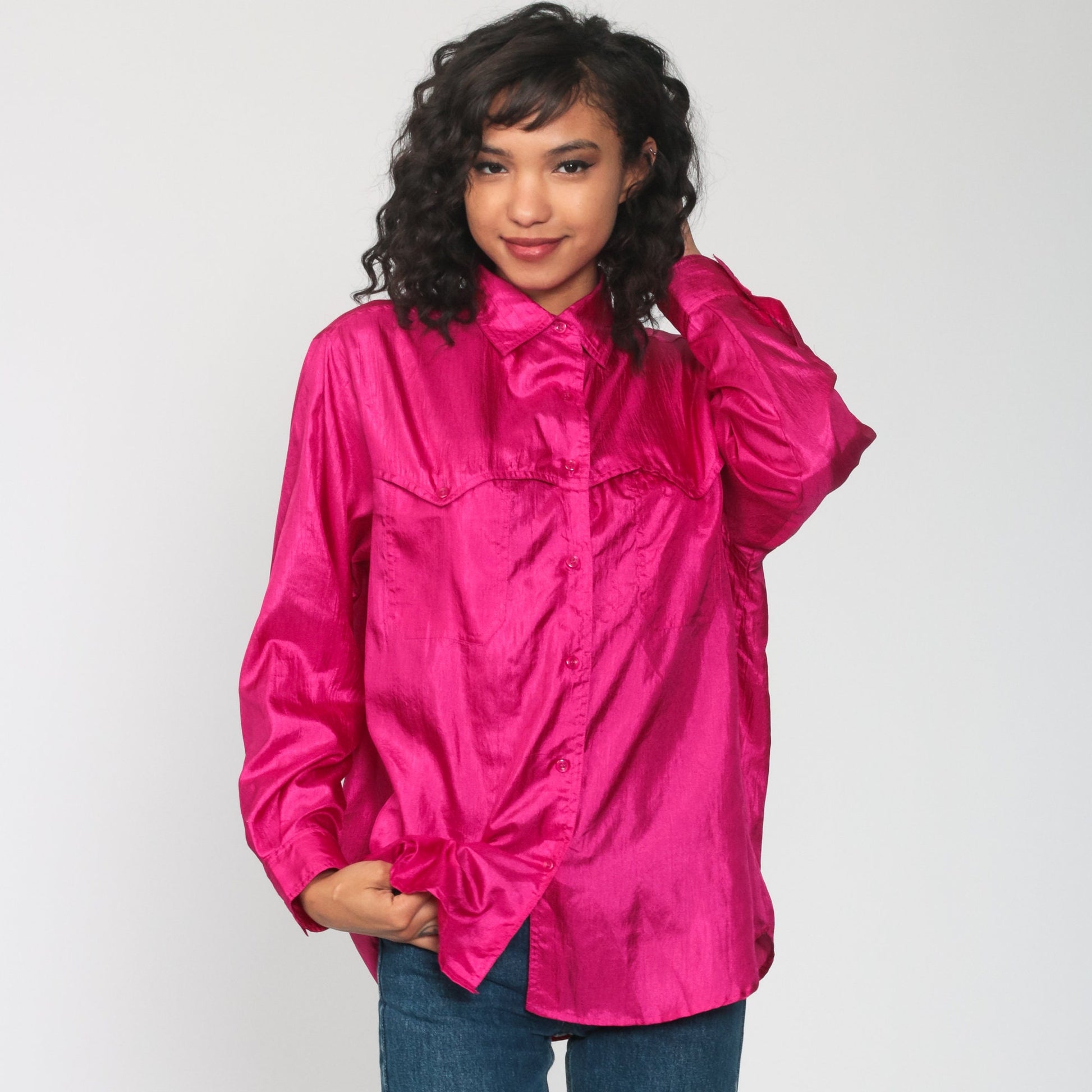 90s Shiny Pink Button-Up Blouse Long Sleeve Collared Shirt Large L