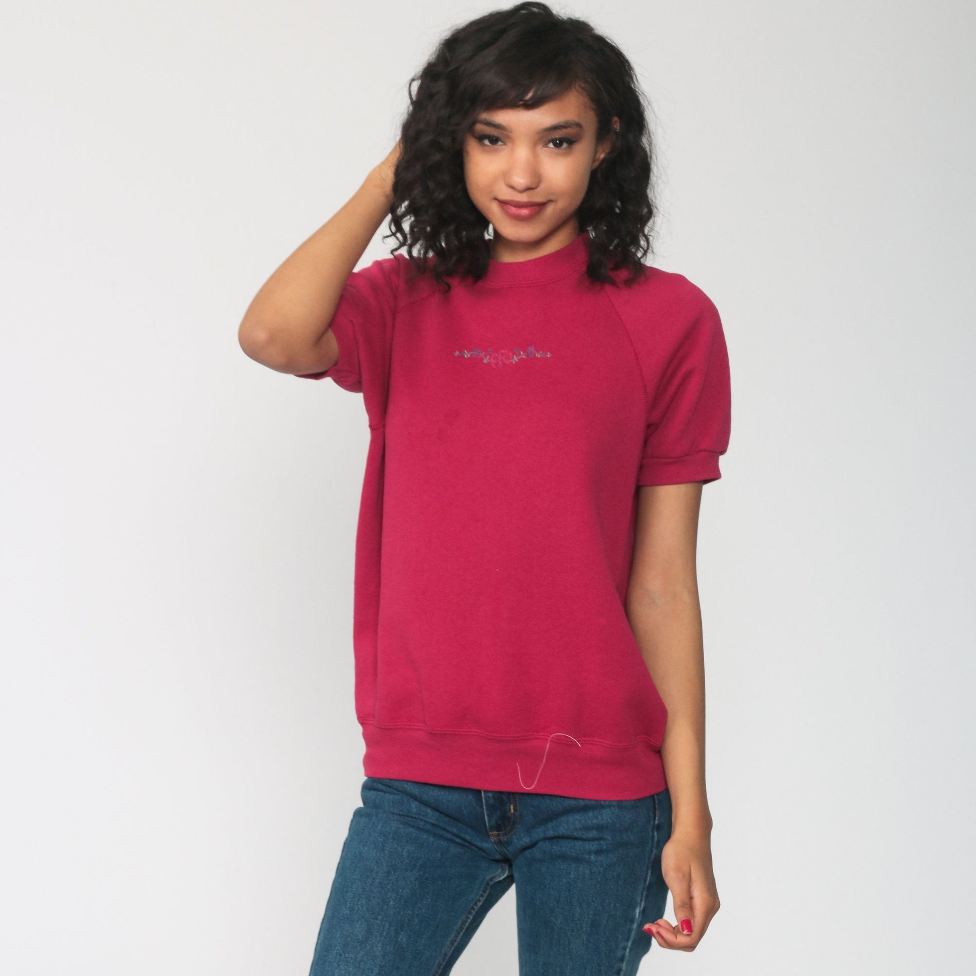 80s Lee Floral Embroidered Short Sleeve Sweatshirt Pink Medium