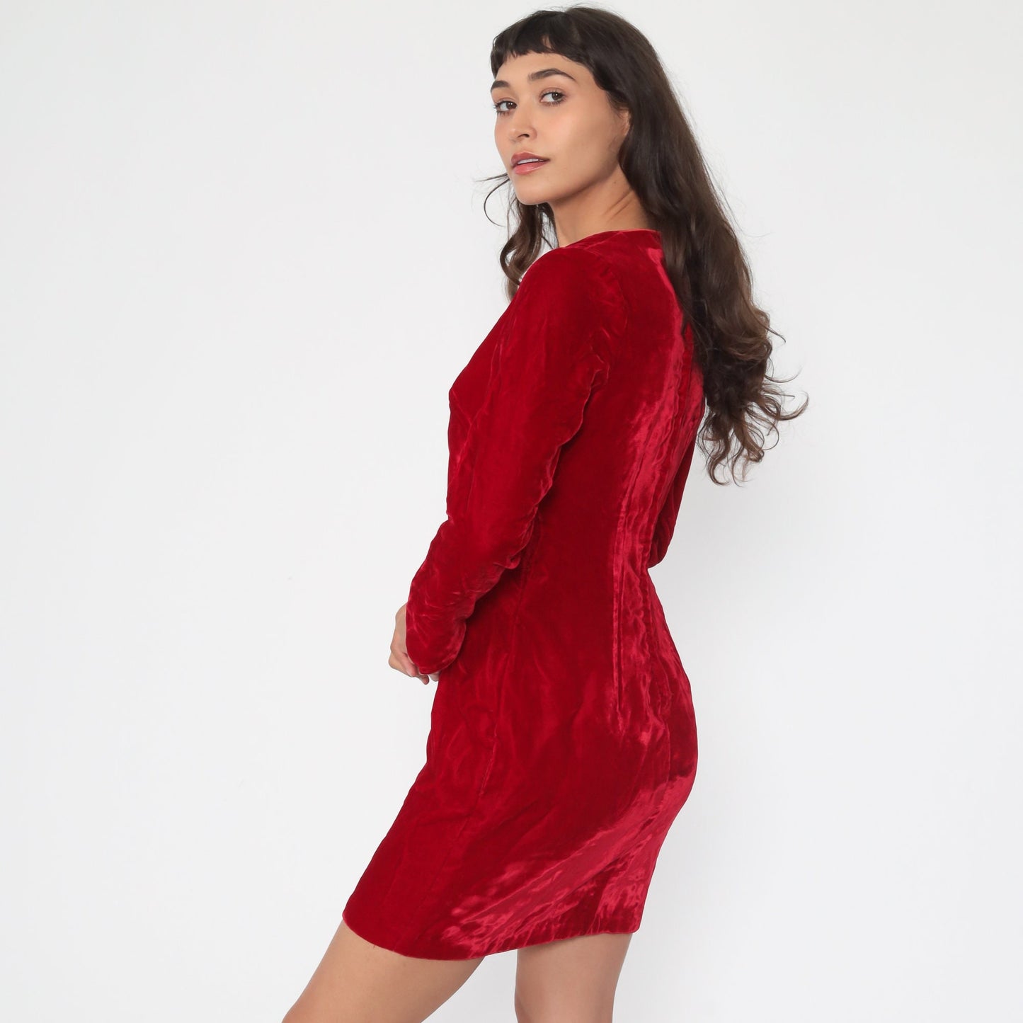 60s Red Velvet Mini Dress Long Sleeve Shift Mod Small
