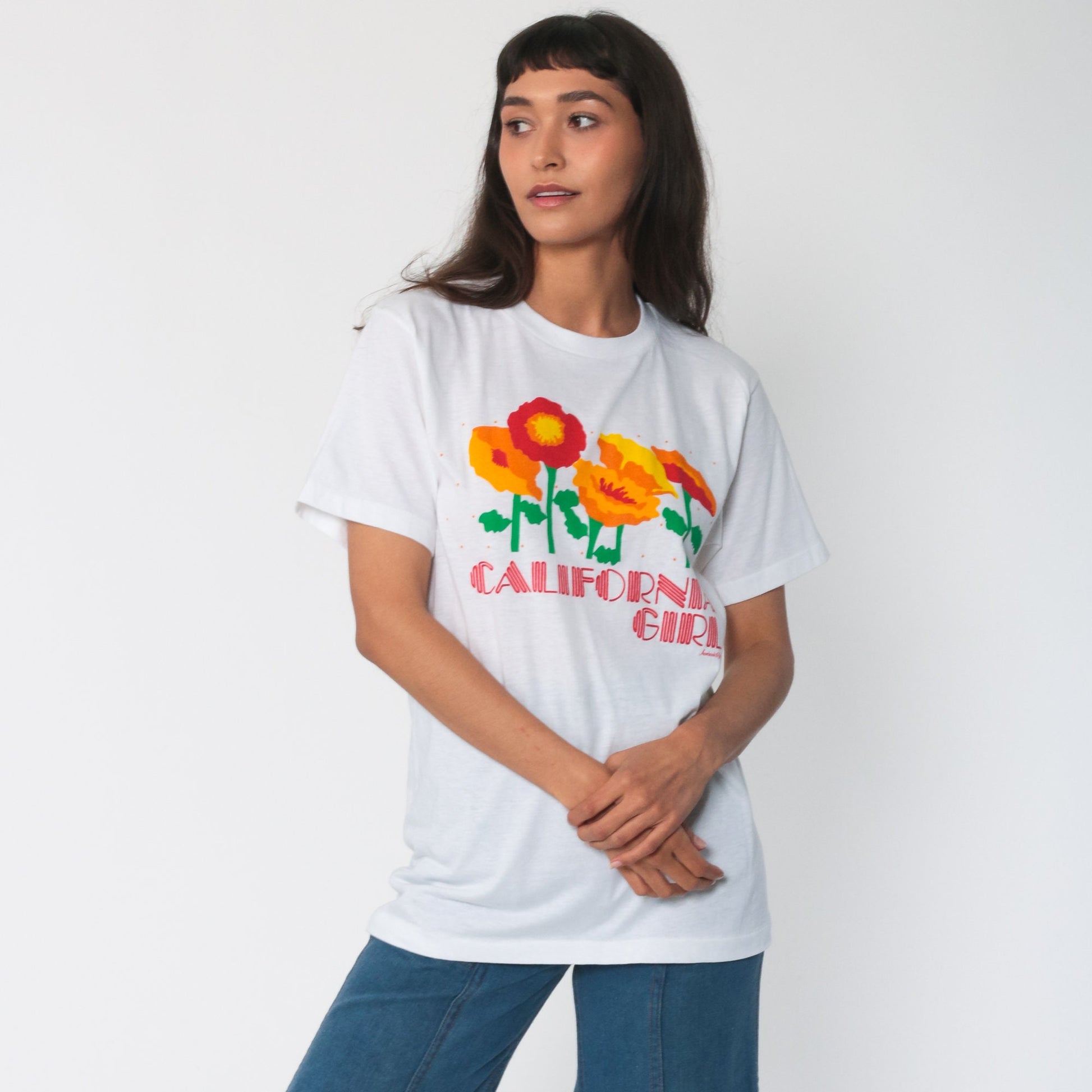 80s California Girl Poppy Graphic T-Shirt Single Stitch Floral Tee Medium