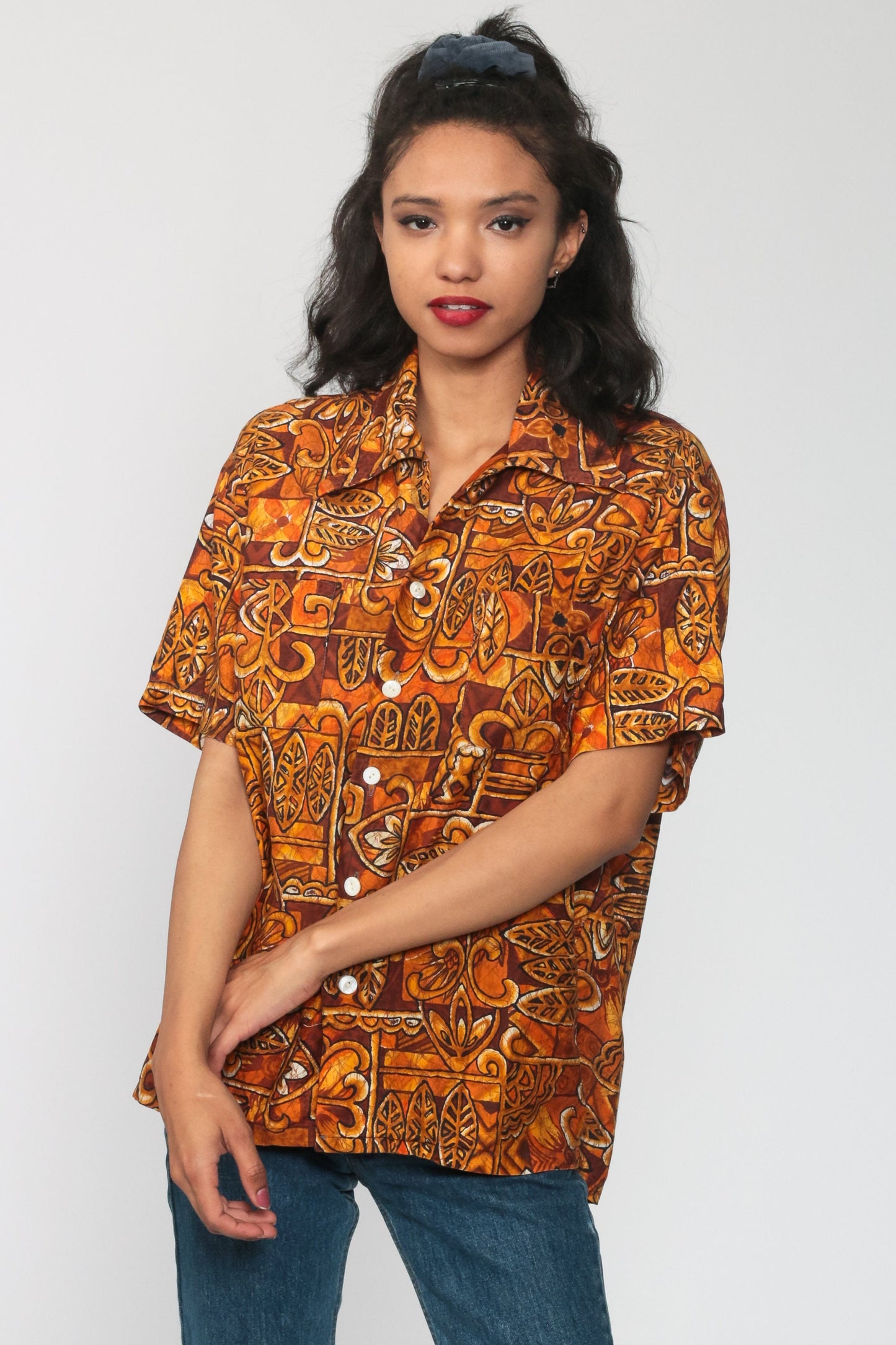 70s Hawaiian Tiki Print Button-Up Shirt Orange Tropical Blouse Medium Large