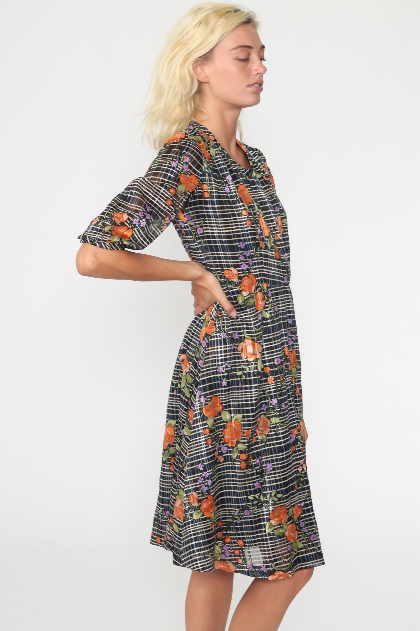 70s Floral Checkered Midi Dress High Waist Short Sleeve Black White Orange Small