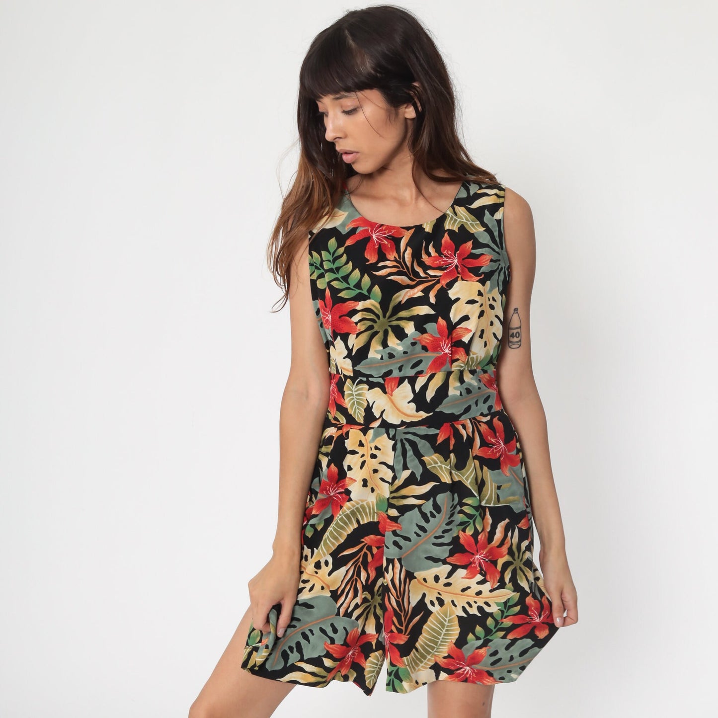 80s Black Tropical Romper Playsuit Back Cutout Cap Sleeve Small