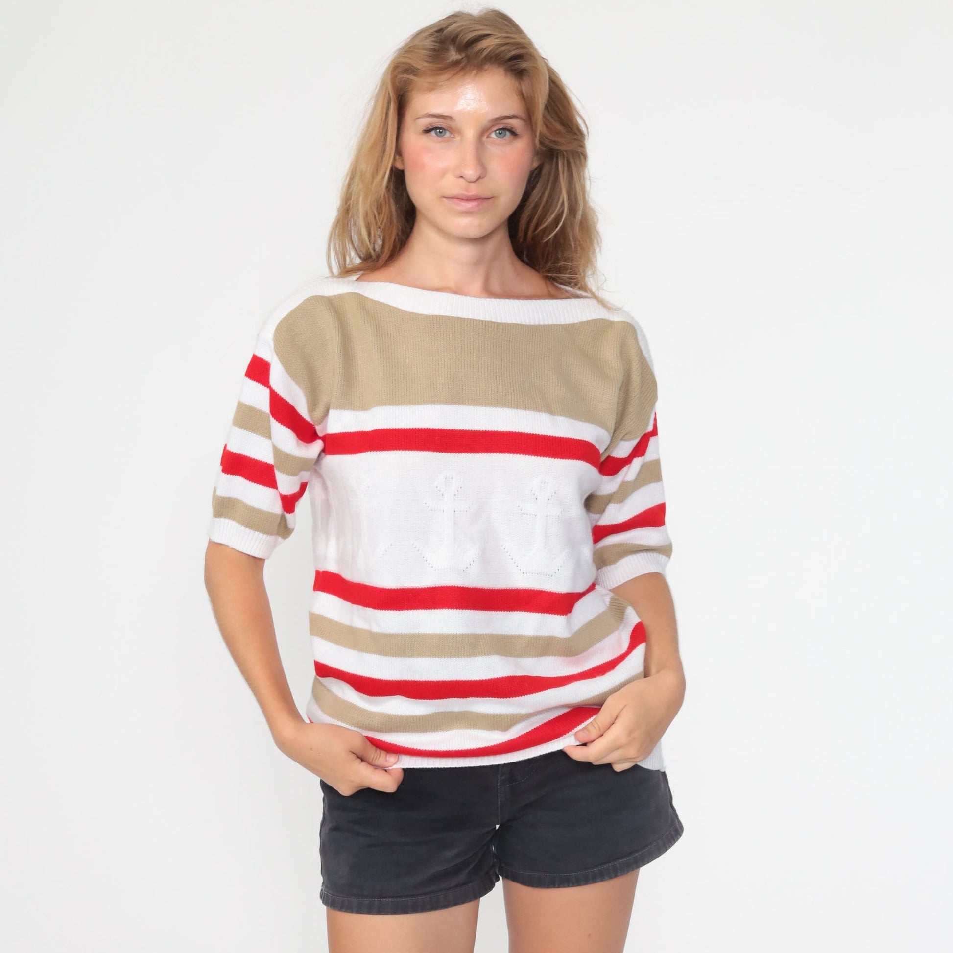 80s Anchor Nautical Striped Knit Sweater White Red Boatneck Short Sleeve Large