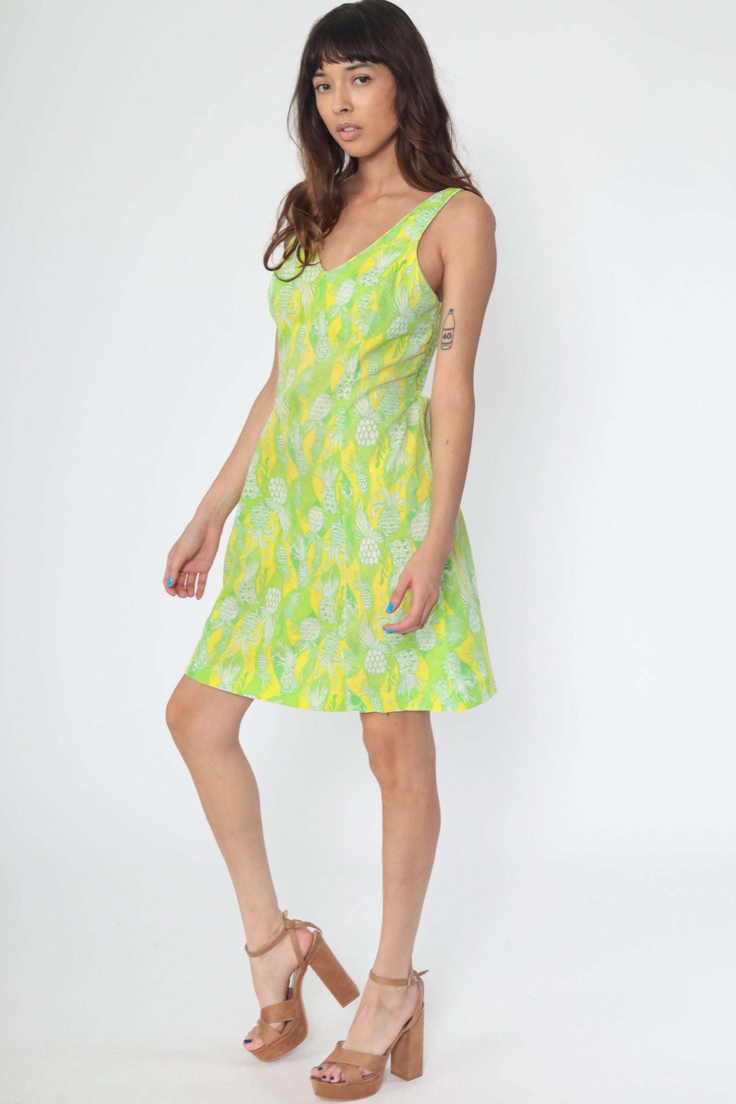 1970s Pineapple Print Mini Dress Green Tank Smocked V-Neck Small Medium