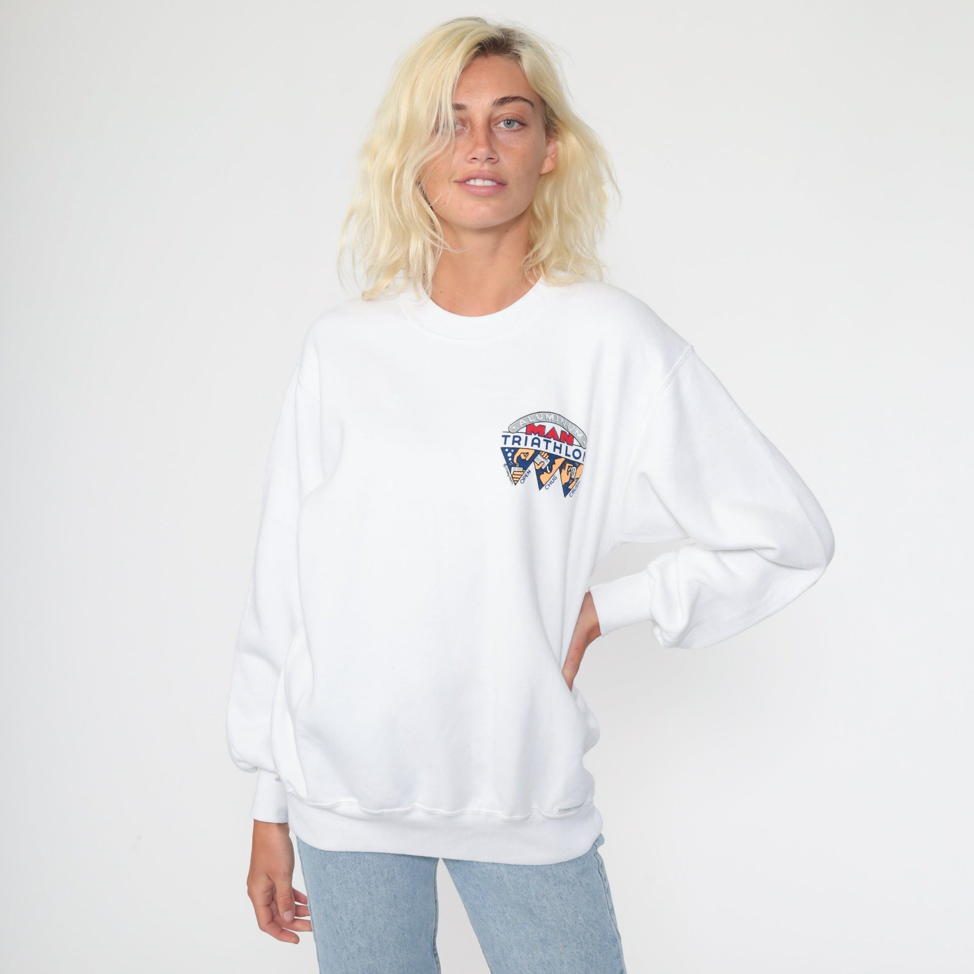 80s Crazy Shirts Cape Cod Drinking Triathlon Graphic Sweatshirt White Medium
