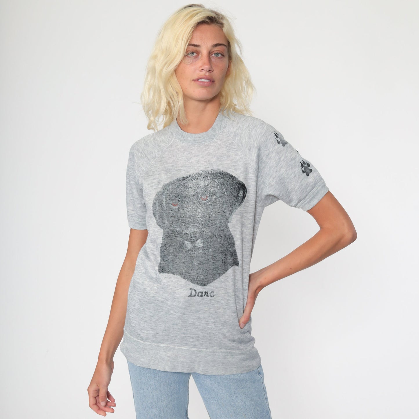 80s Dog Graphic Short Sleeve Sweatshirt Raglan Grey Small