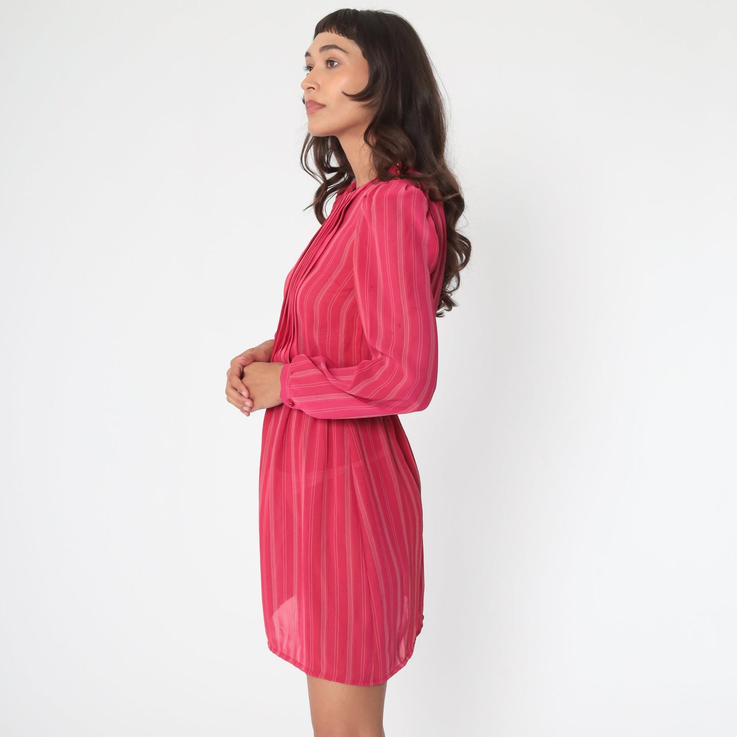 80s Puff Sleeve Mini Dress Red Striped Semi-Sheer Polyester Extra Small