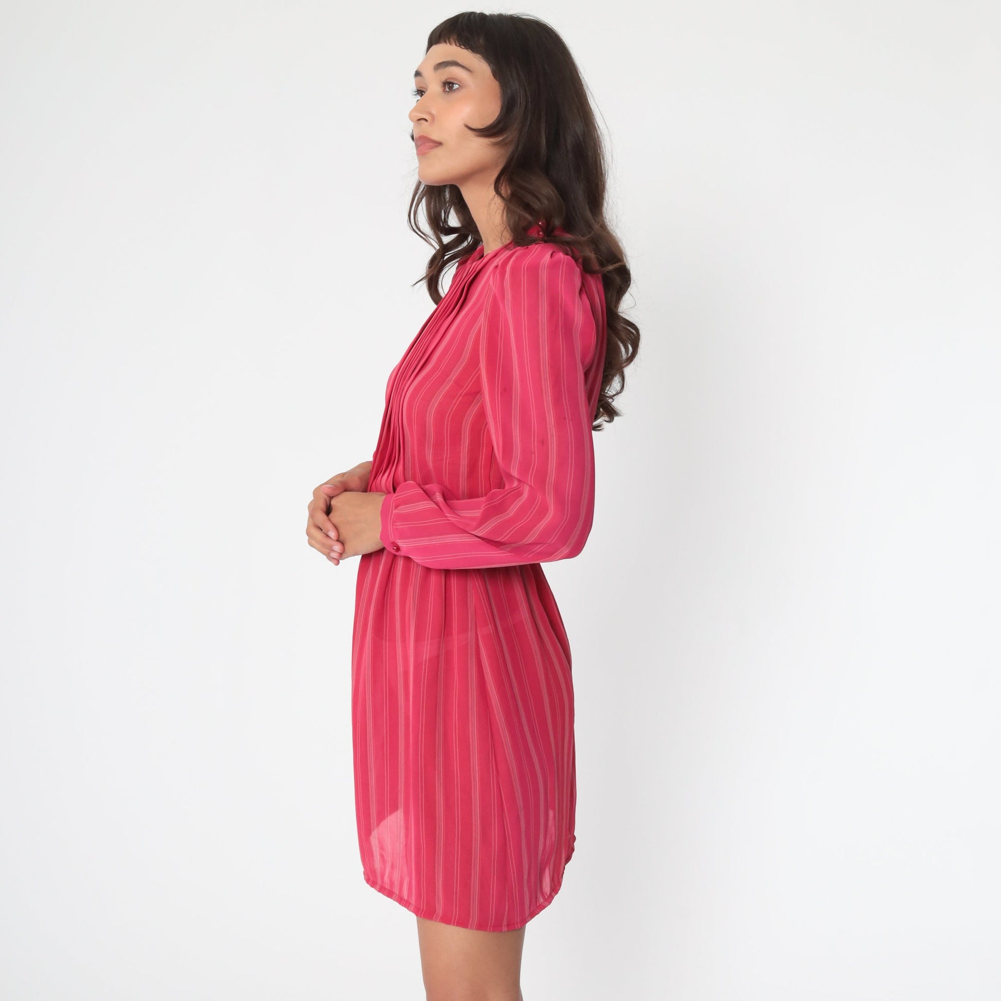 80s Puff Sleeve Mini Dress Red Striped Semi-Sheer Polyester Extra Small