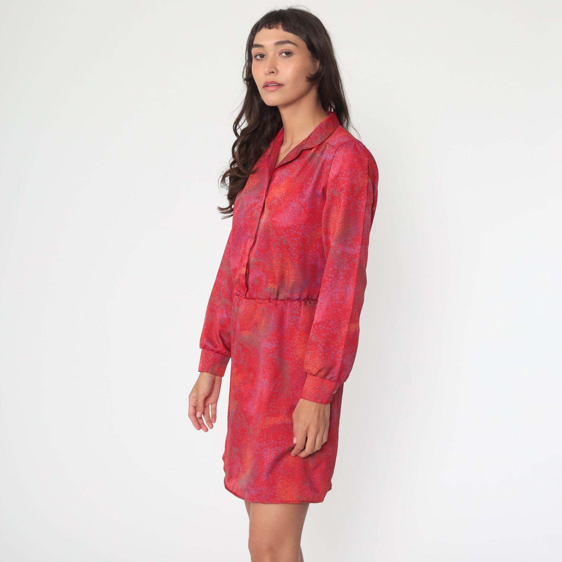70s Red Brushstroke Mini Dress High Waisted Button Up Long Sleeve Medium