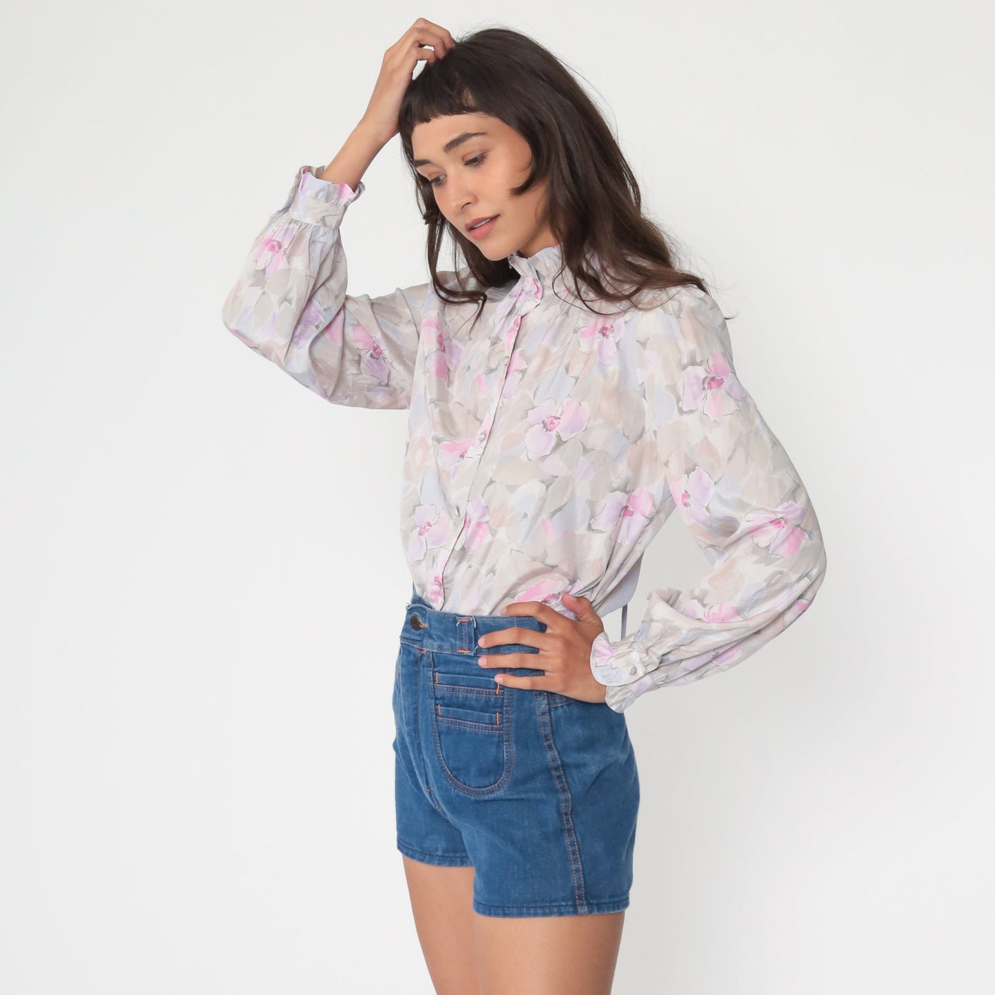 70s Floral Ruffle Button-Up Blouse Purple Pastel Long Sleeve Medium