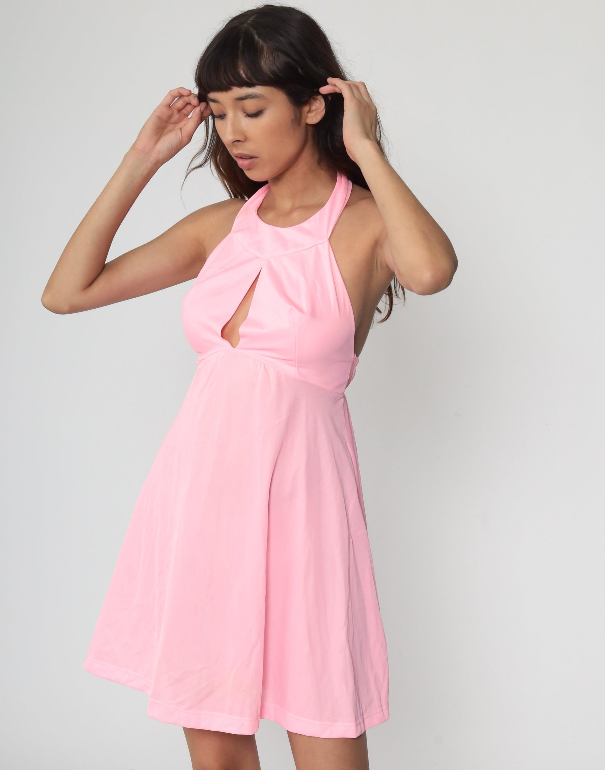 70s Pink Halter Mini Dress Keyhole Chest Open Back Empire Waist Extra Small