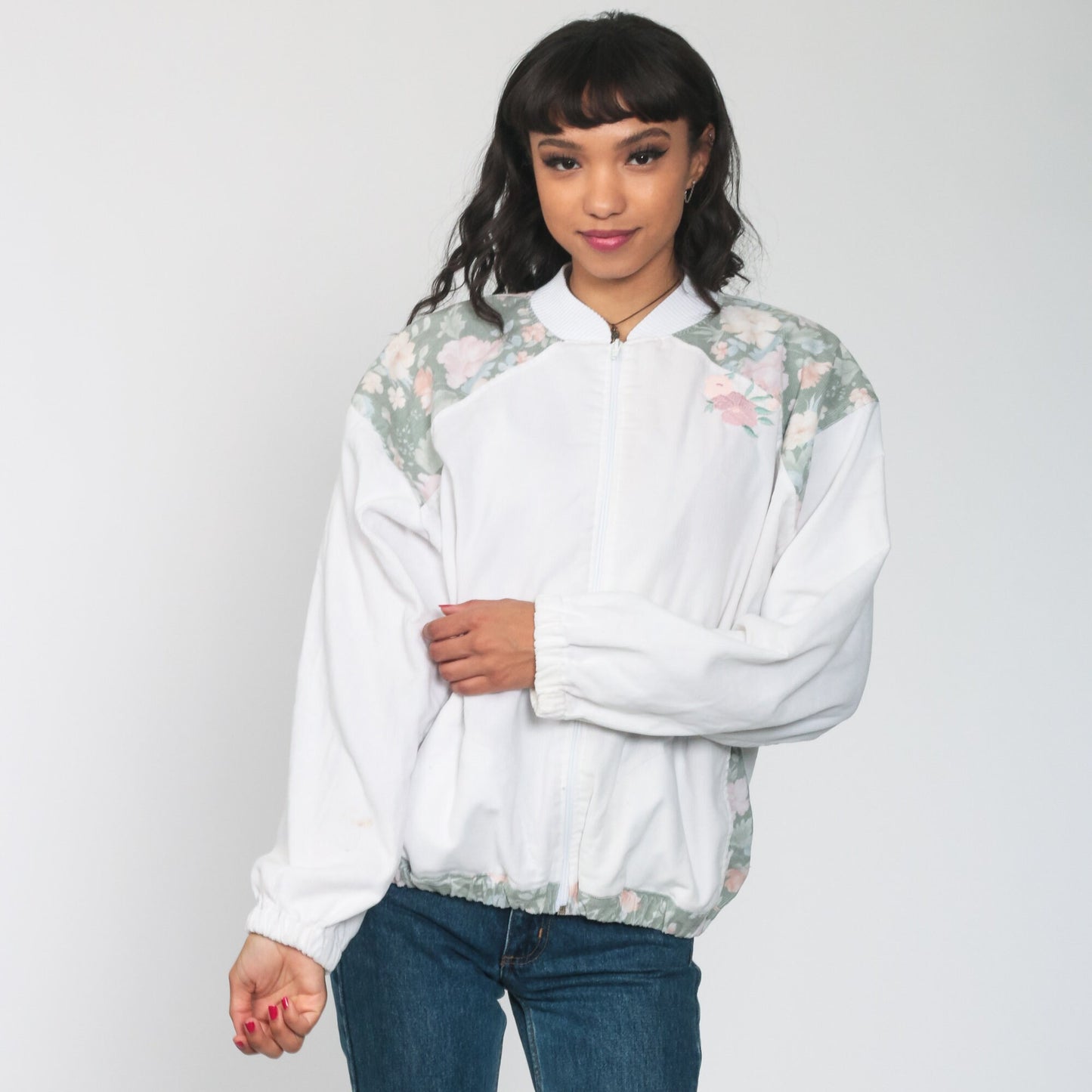 80s Floral Embroidered Bomber Jacket White Windbreaker Zip-Up Medium