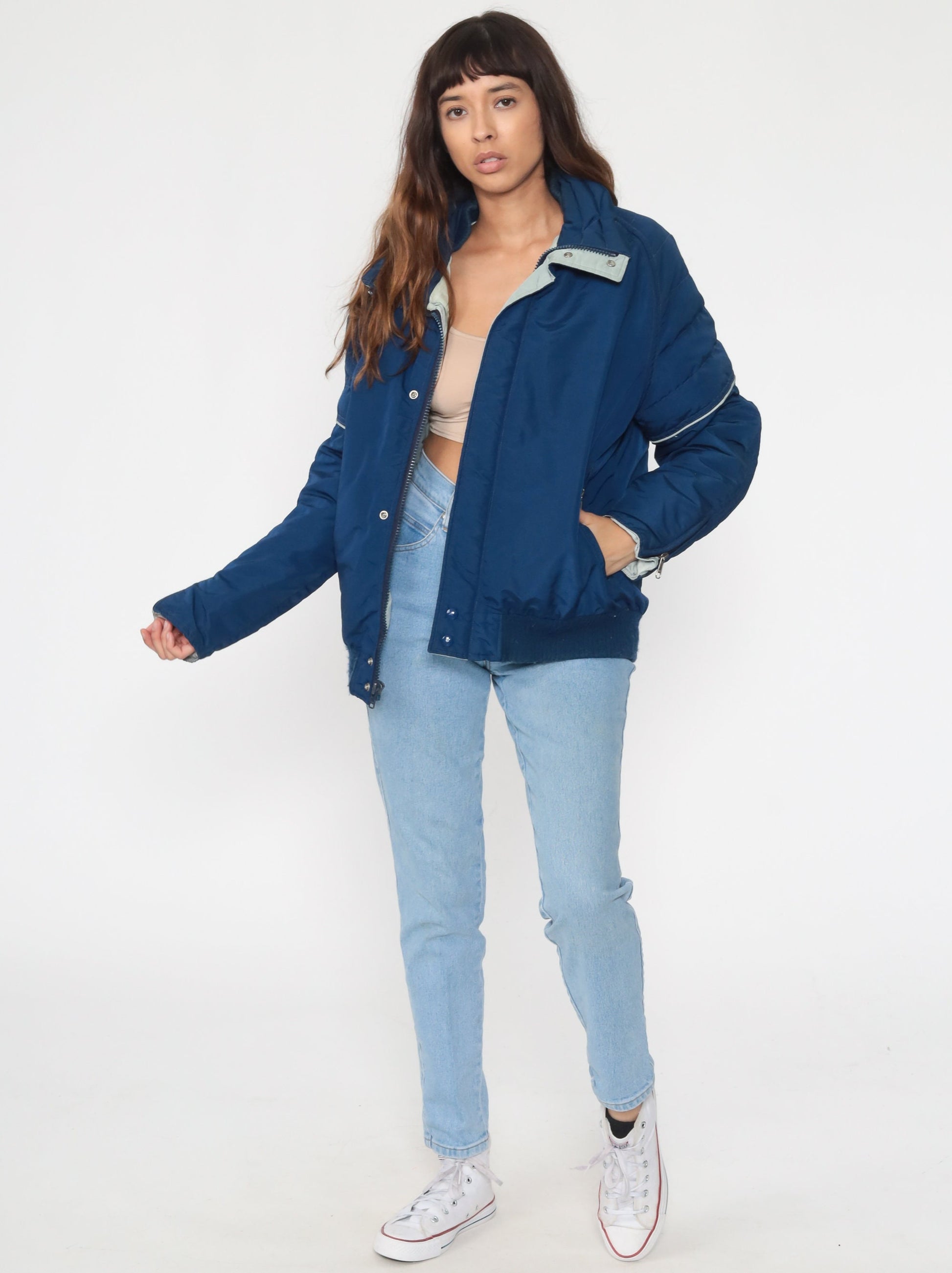 80s Blue Down Puffer Ski Jacket Nylon Striped Coat Large