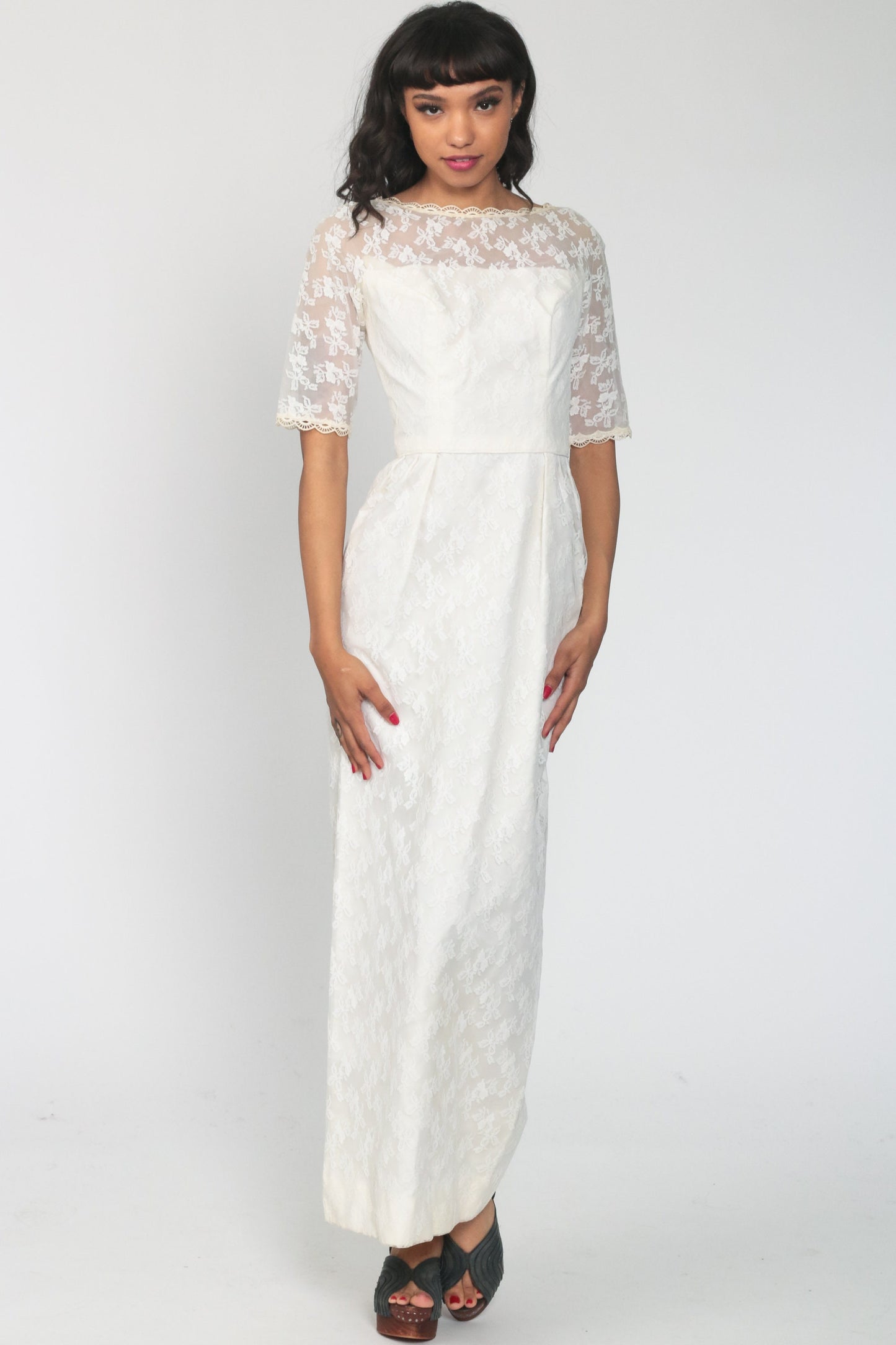 60s White Lace Maxi Dress Empire Waist Half Sleeve Scalloped Extra Small