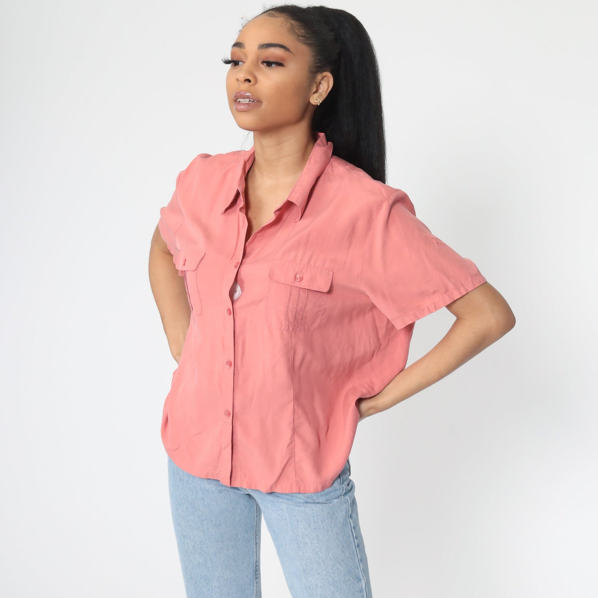 90s Pink Silk Button-Up Shirt Short Sleeve Blouse Large