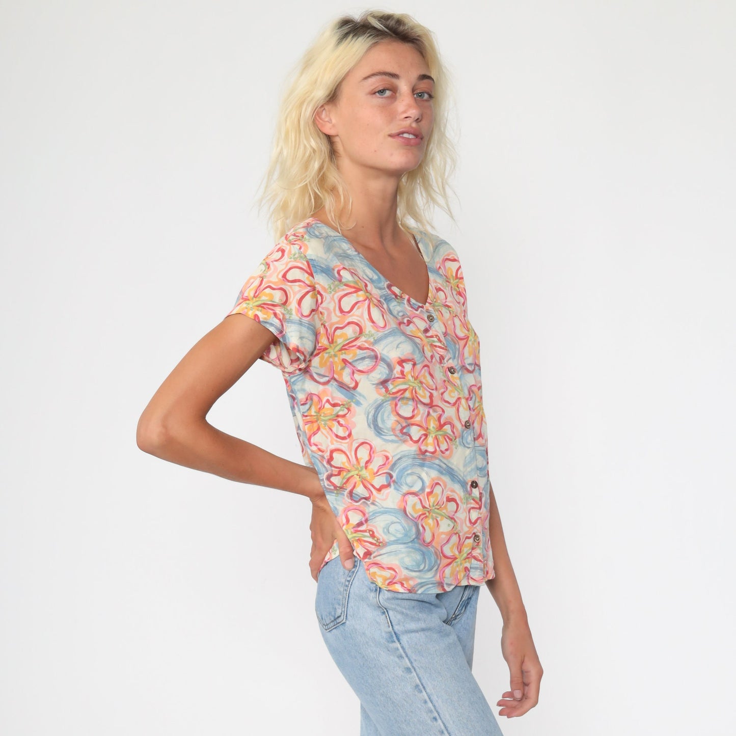 90s Floral Swirl Rayon Button Up Blouse Short Sleeve Pink Blue Medium