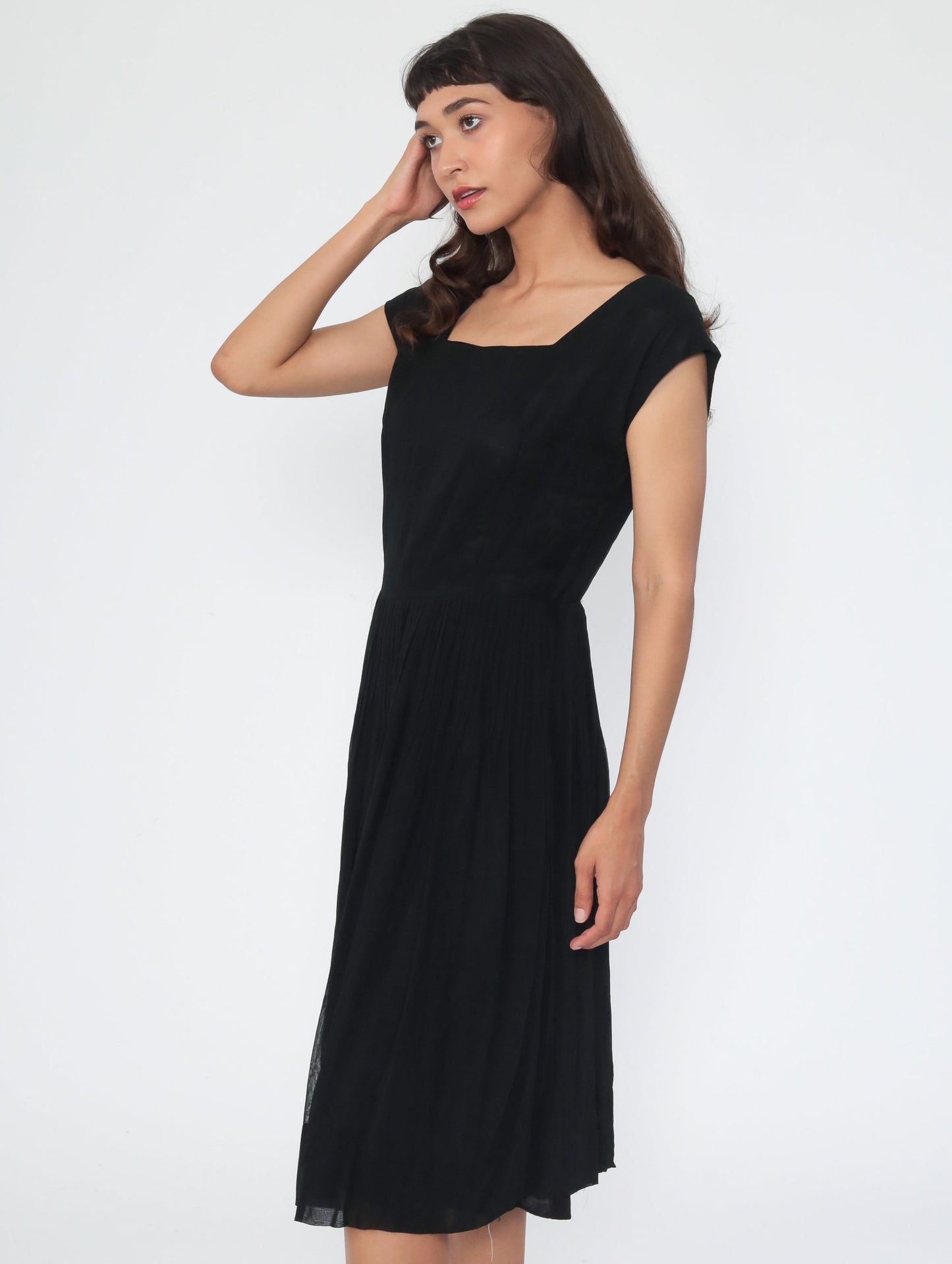 1950s Black Chiffon Sheath Dress Tea Length High Waist Side Zip Medium