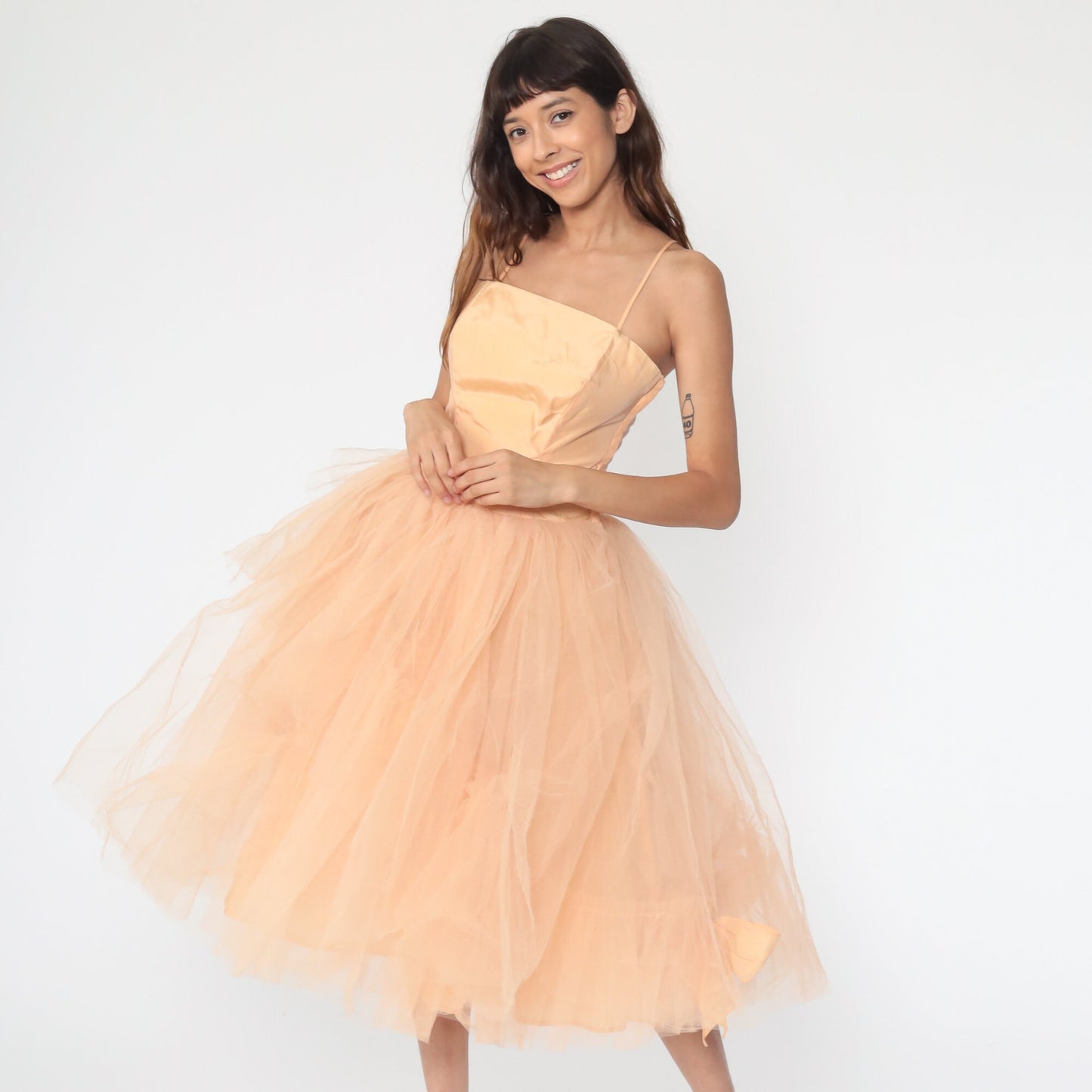 1950s Peach Tulle Party Dress Spaghetti Strap Gown Extra Small
