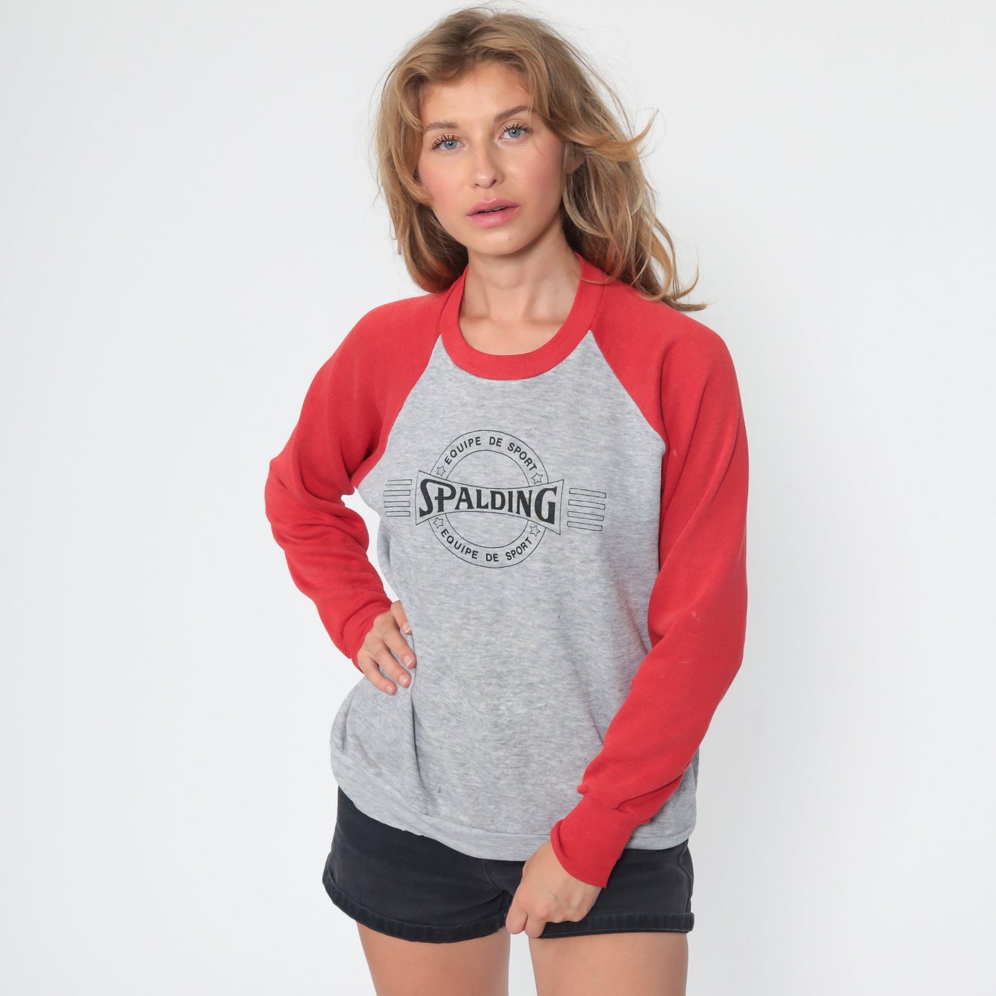 90s Spalding Crewneck Sweatshirt Grey Red Raglan Graphic Medium