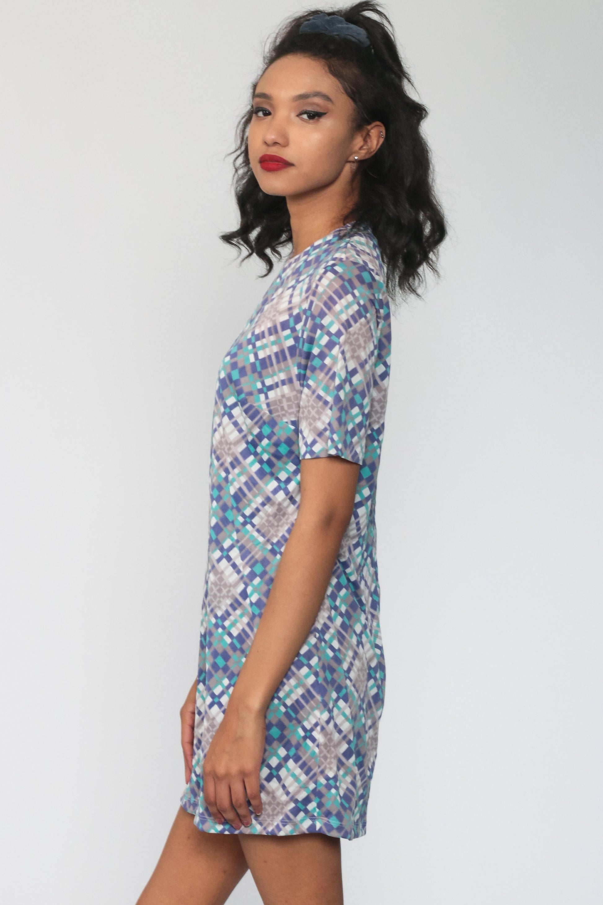 60s Mod Checkered Mini Shift Dress Purple Plaid Short Sleeve Medium Large