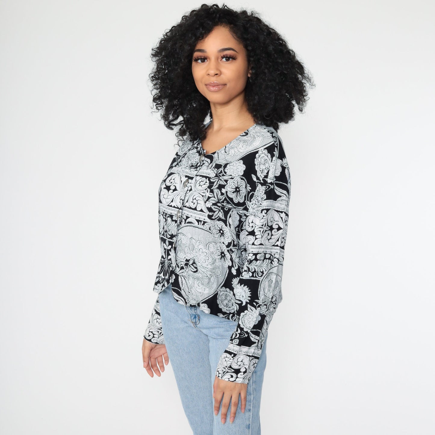 90s Ashton Laurel Floral Rayon Button-Up Blouse Grey Long Sleeve Extra Large