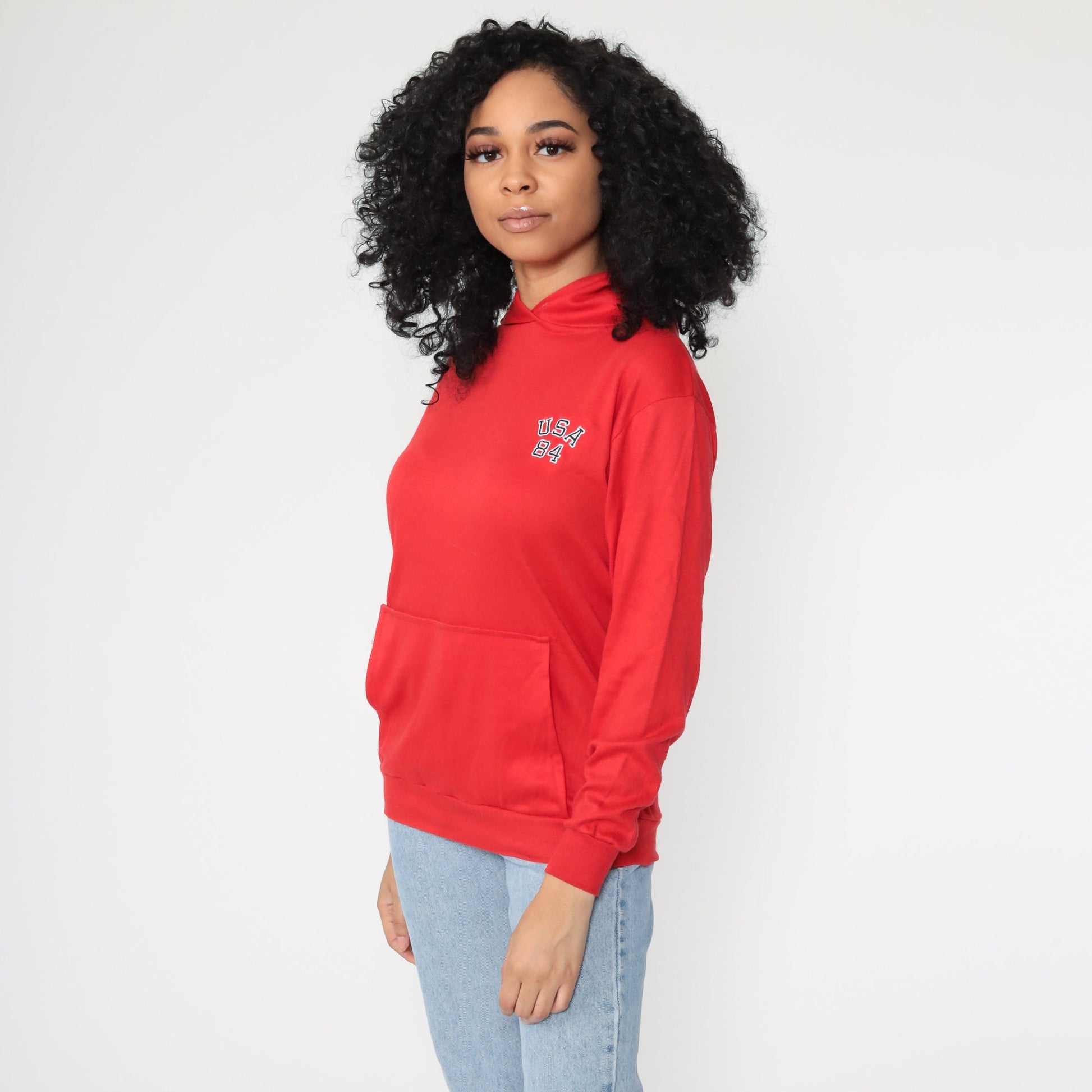 1984 USA Olympics Hooded T-Shirt Kangaroo Pocket Red Small