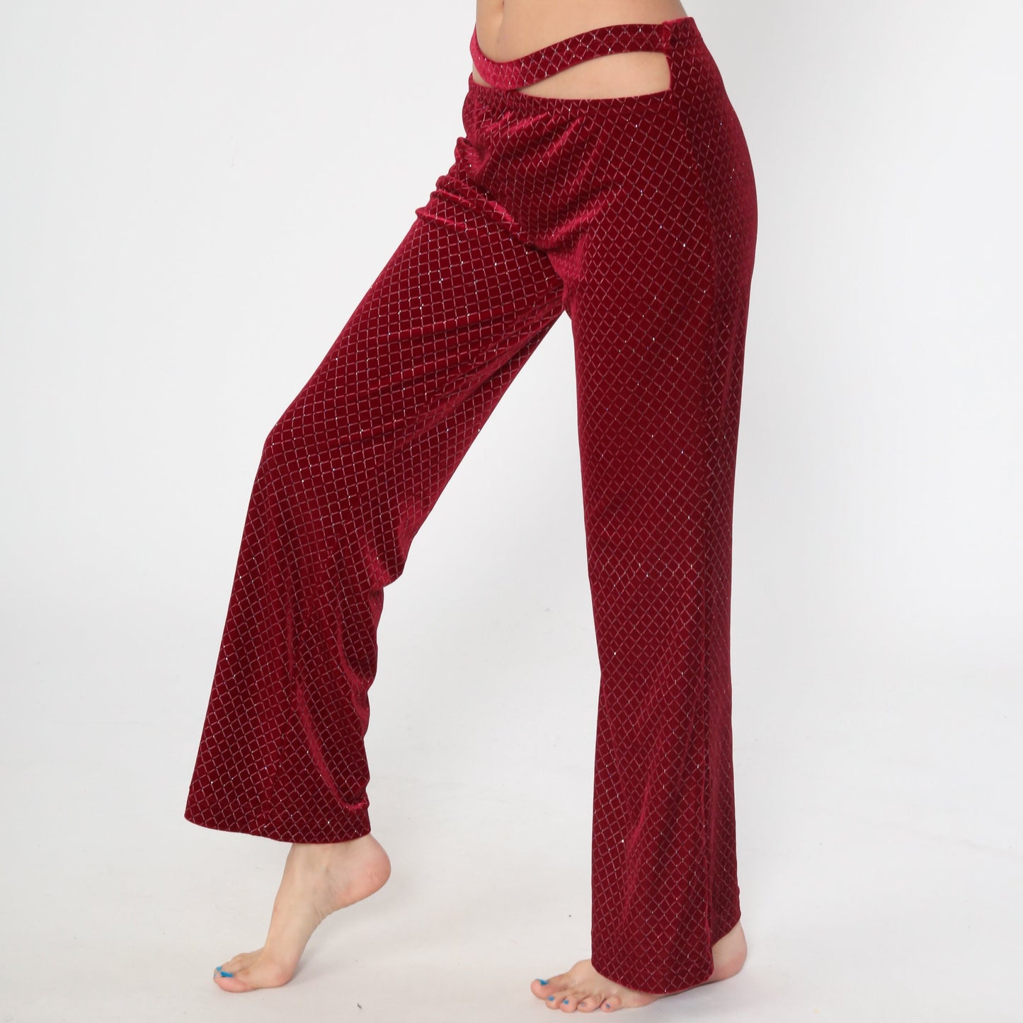 90s Red Velvet Bell Bottom Pants Glitter Cutout Clubwear Medium Large
