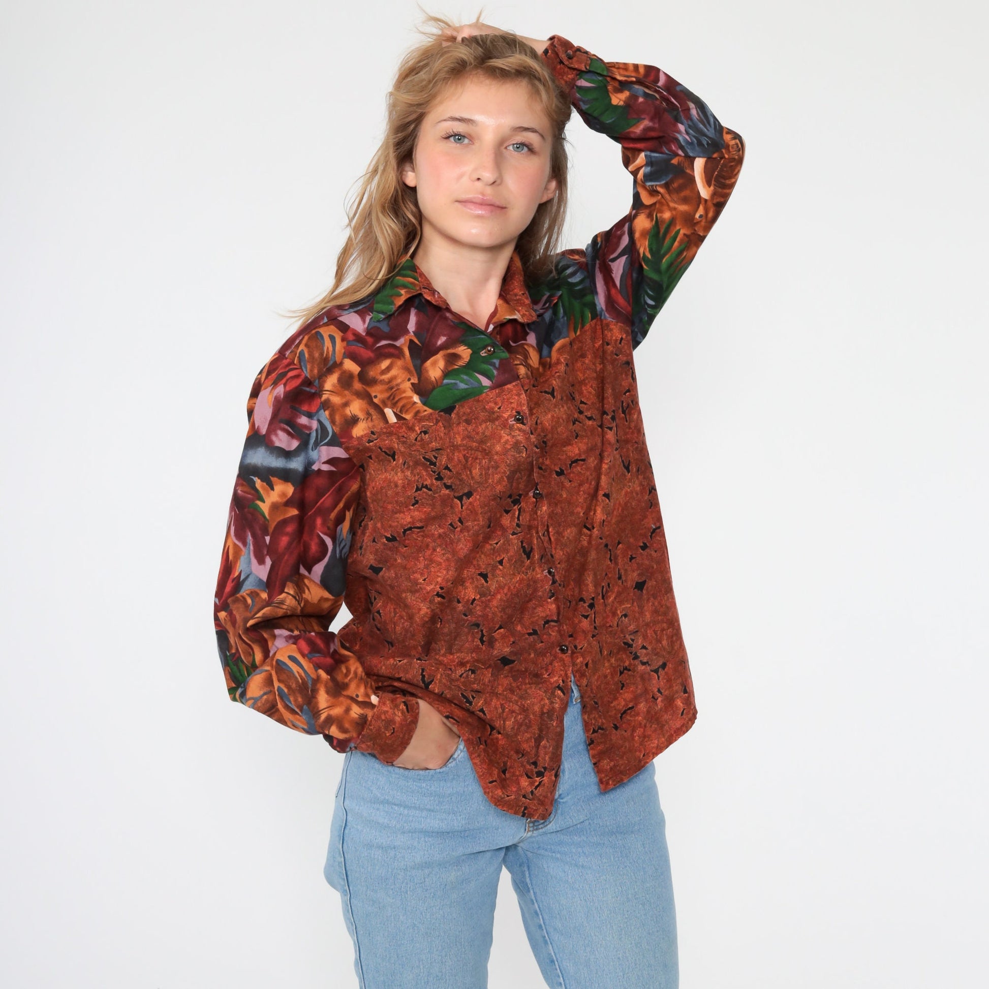 90s Elephant Safari Jungle Animal Print Button-Up Blouse Burnt Orange Medium