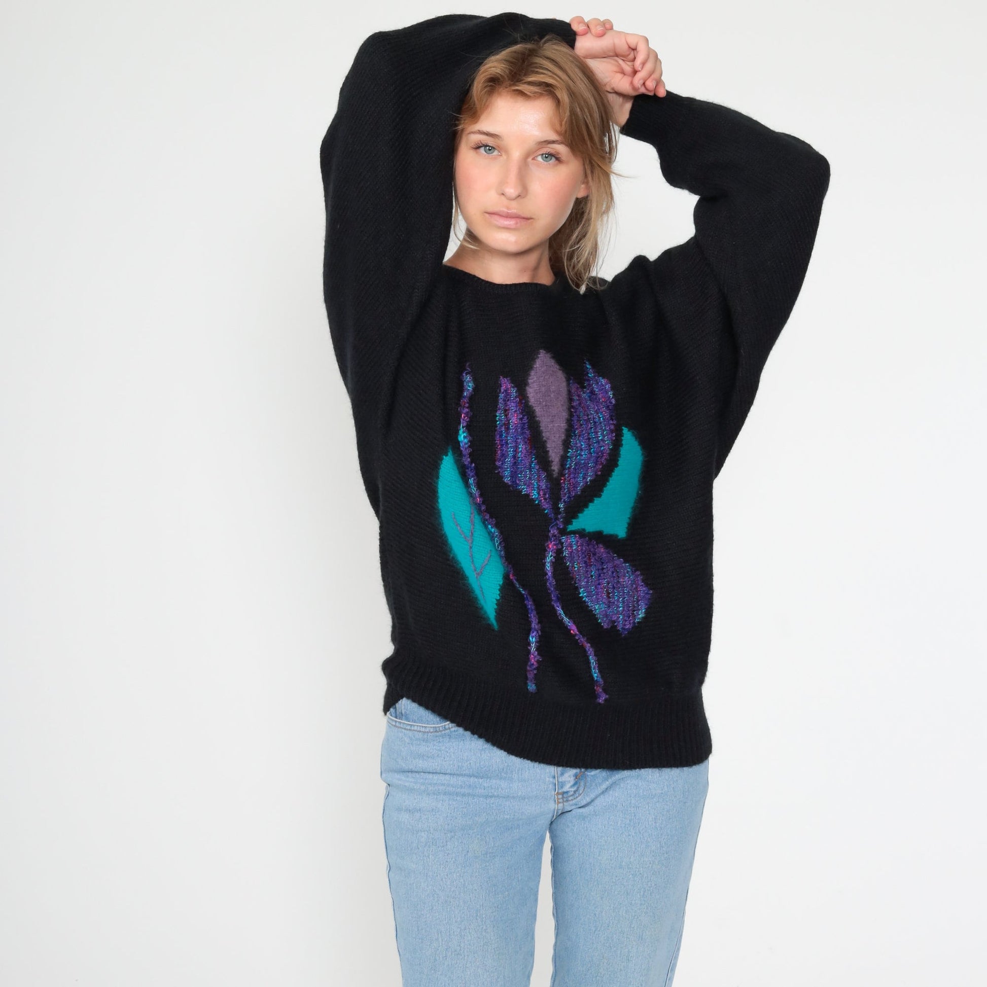 80s Black Angora Floral Sweater Dolman Sleeve Knit Pullover Large