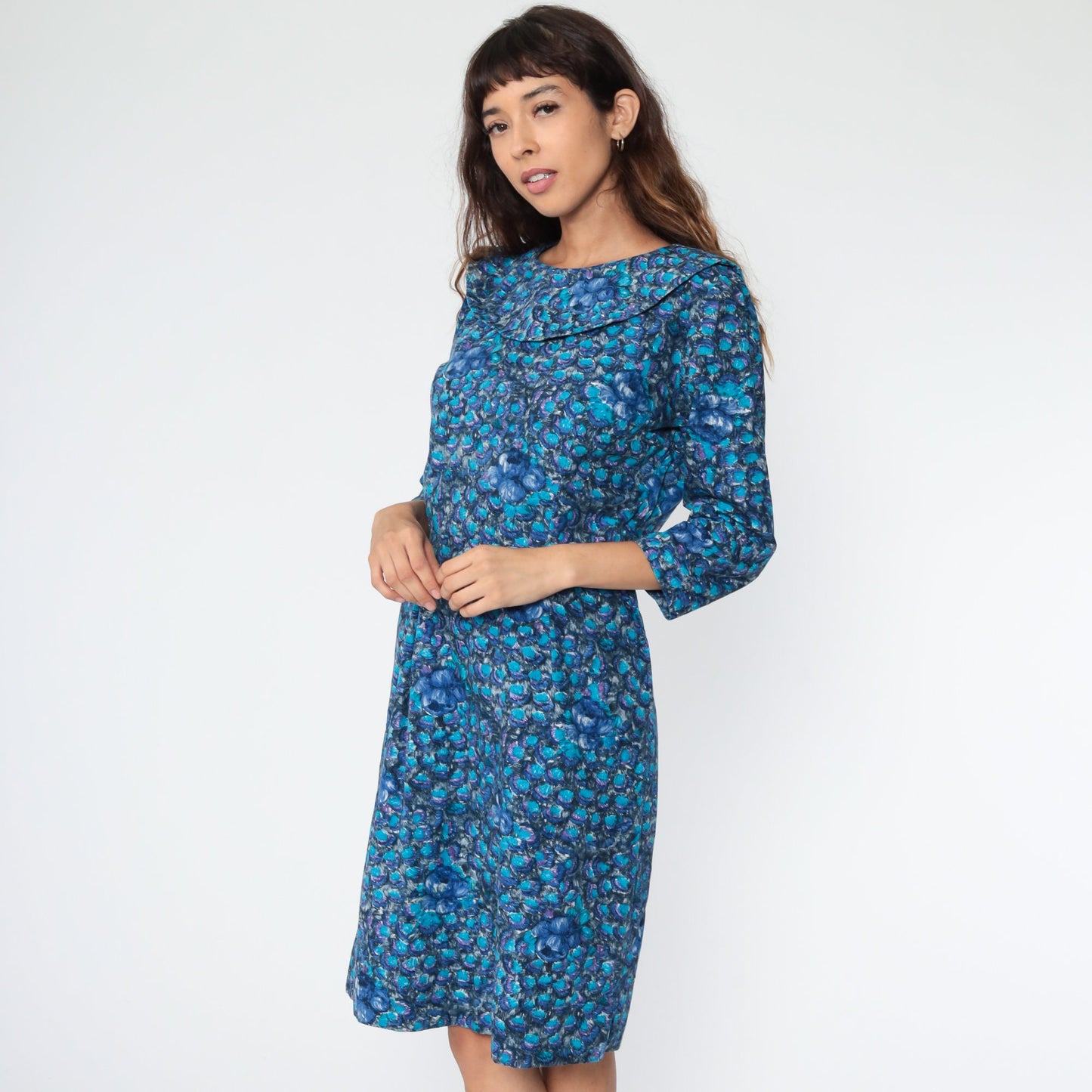 1960s Blue Floral Midi Dress 3/4 Sleeve High Waist Sheath Medium 8