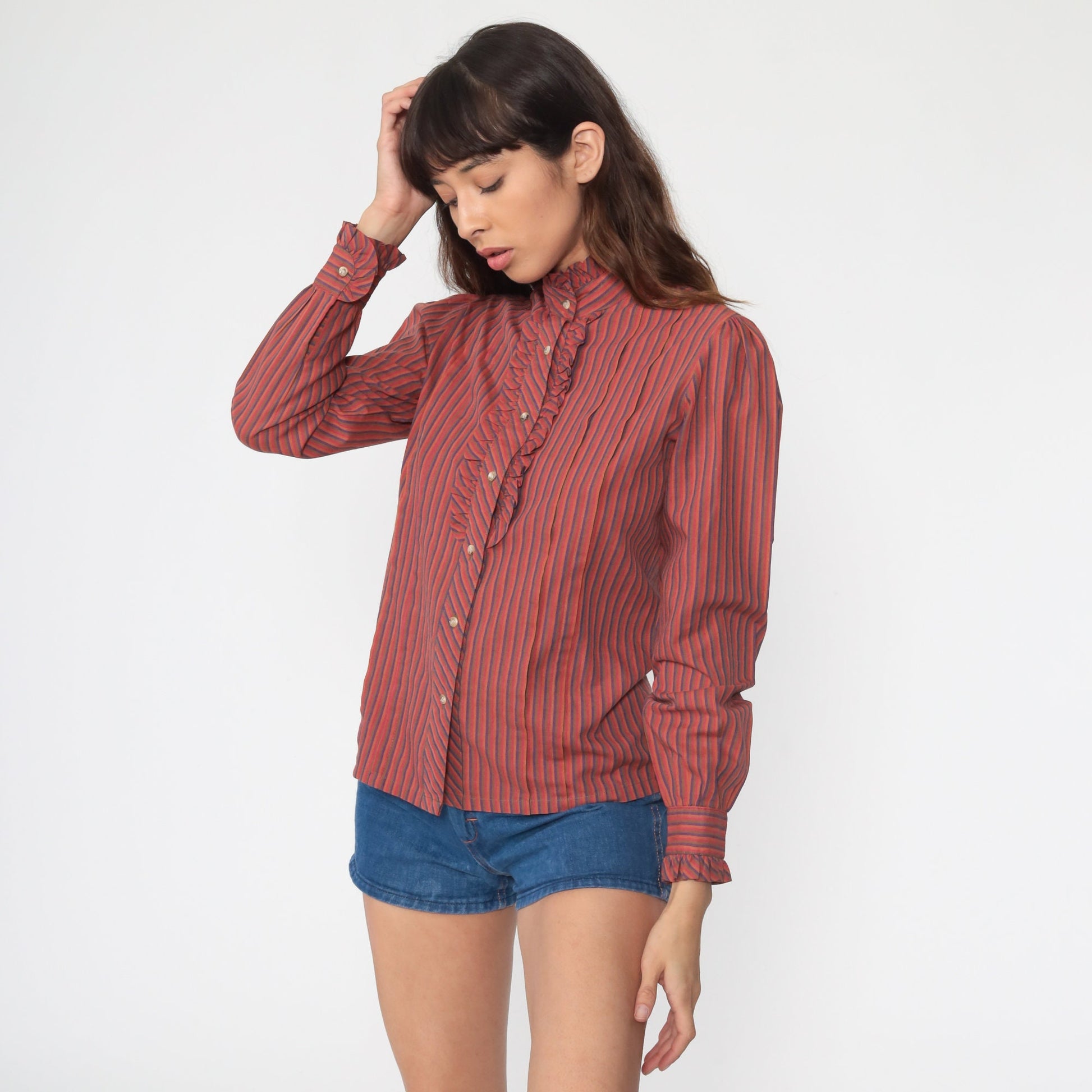 80s Puff Sleeve Button-Up Blouse Orange Red Striped Ruffled Long Sleeve Small