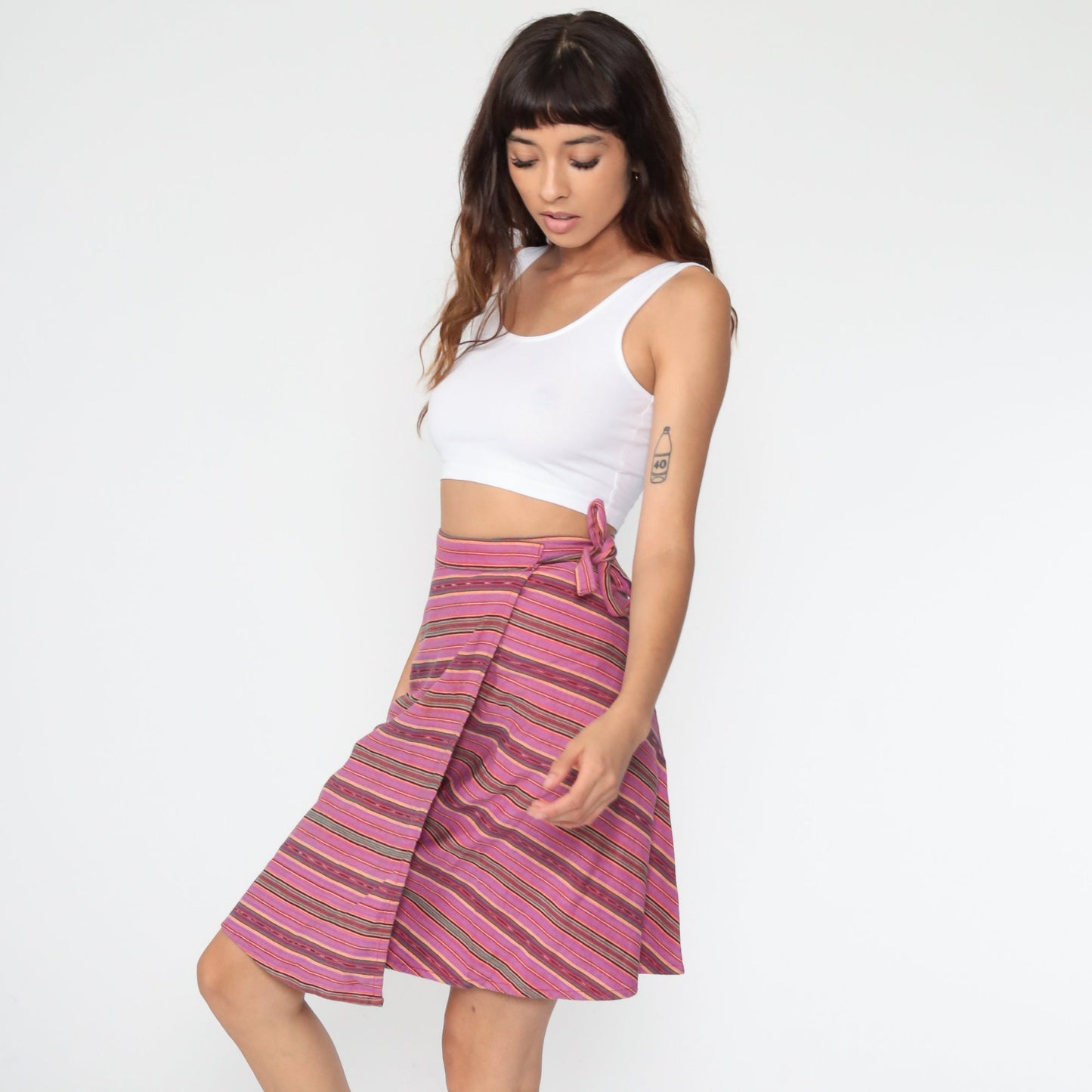 90s Purple Striped Wrap Mini Skirt Cotton Small Medium