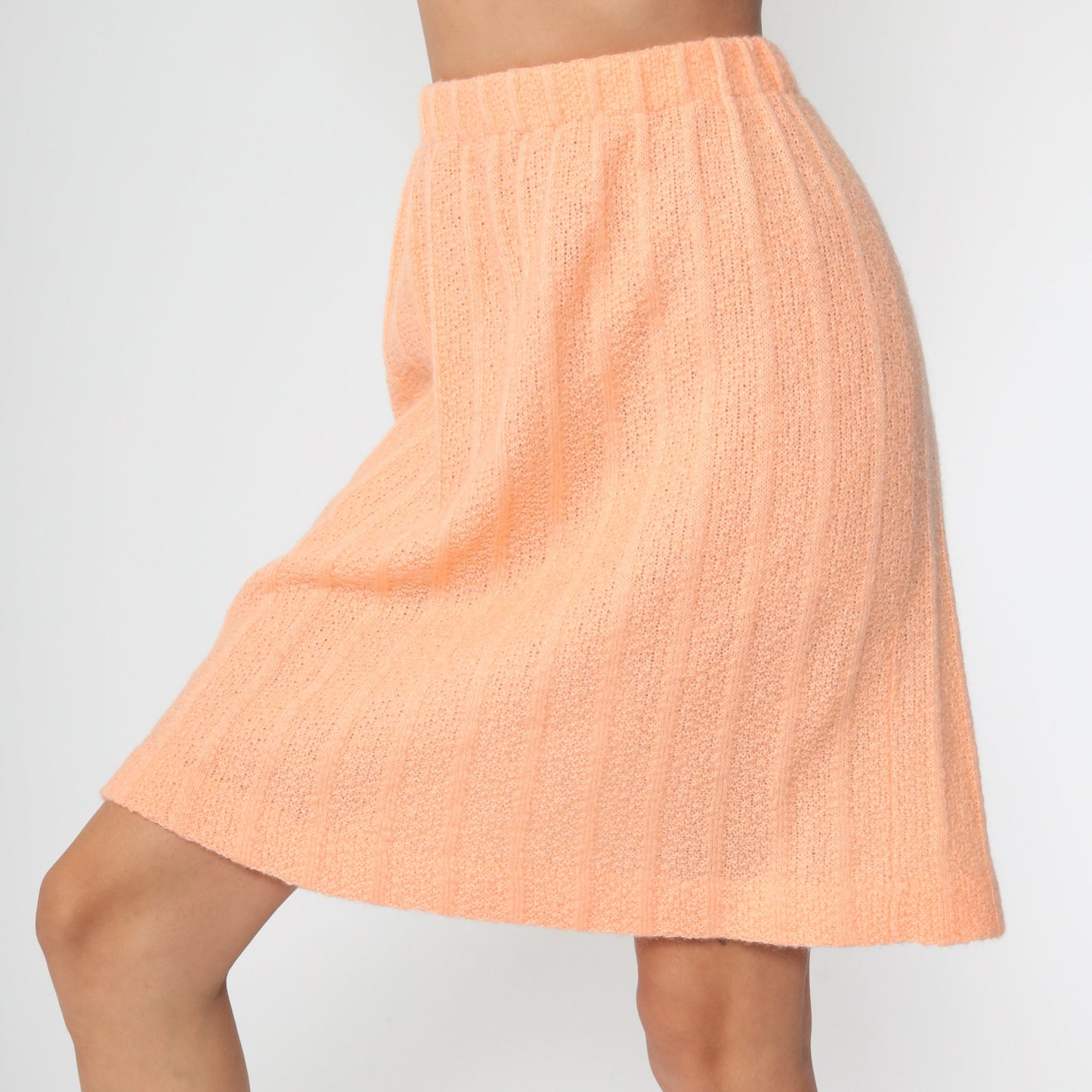 70s Peach Ribbed Knit Mini Skirt High Waist A-Line Small