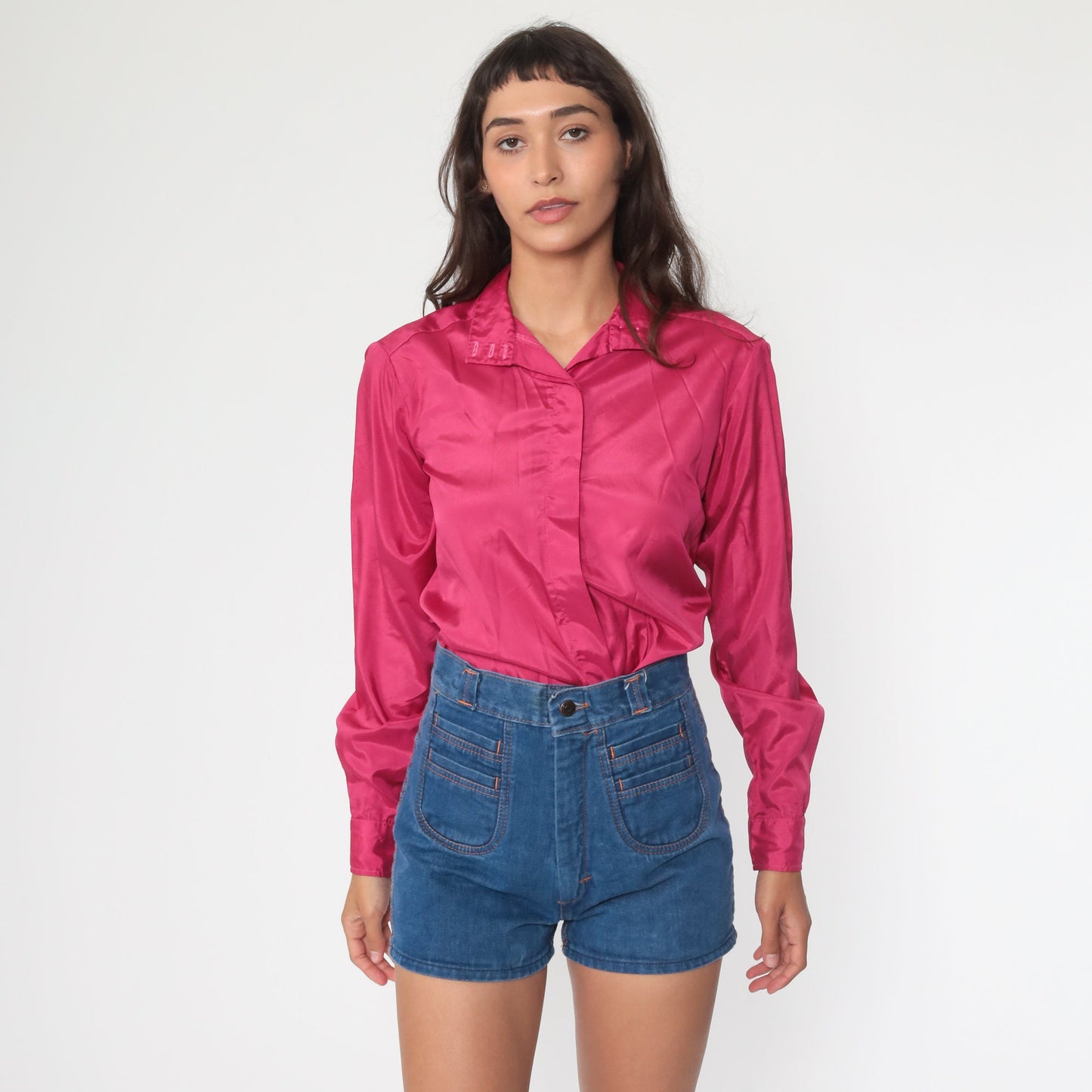 80s Pink Button-Up Blouse Long Sleeve Collared Shirt Medium