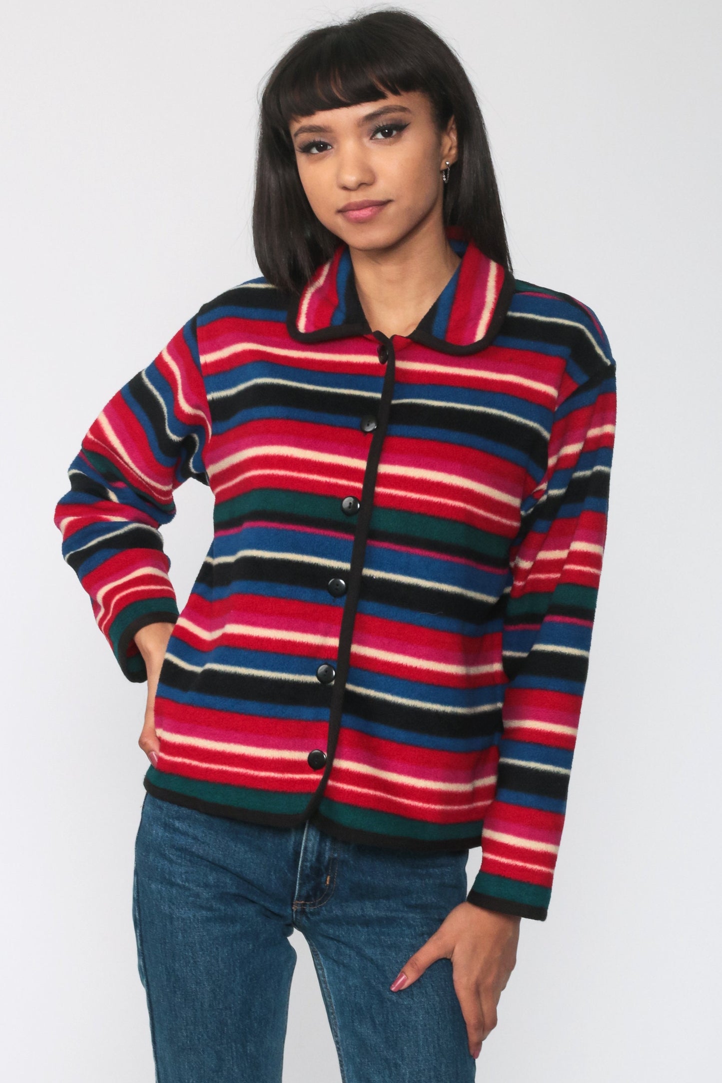 90s Striped Fleece Button-Up Jacket Red Blue Cropped Medium M