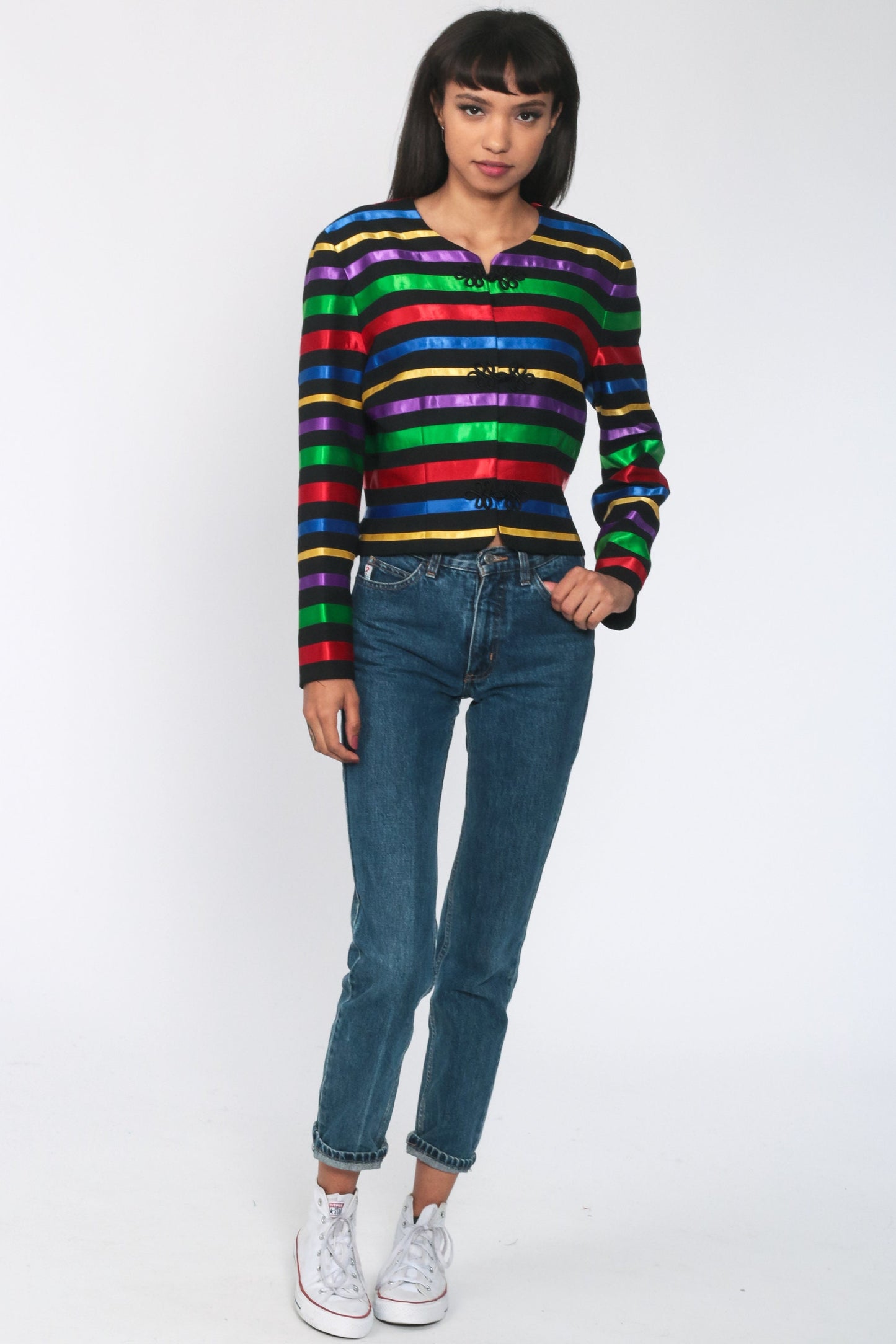 90s Rainbow Striped Jacket Frog Closure Button Up Cropped Medium M