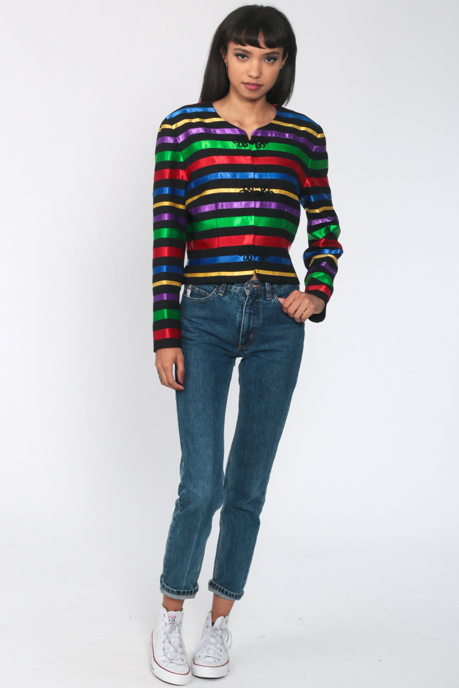 90s Rainbow Striped Jacket Frog Closure Button Up Cropped Medium M
