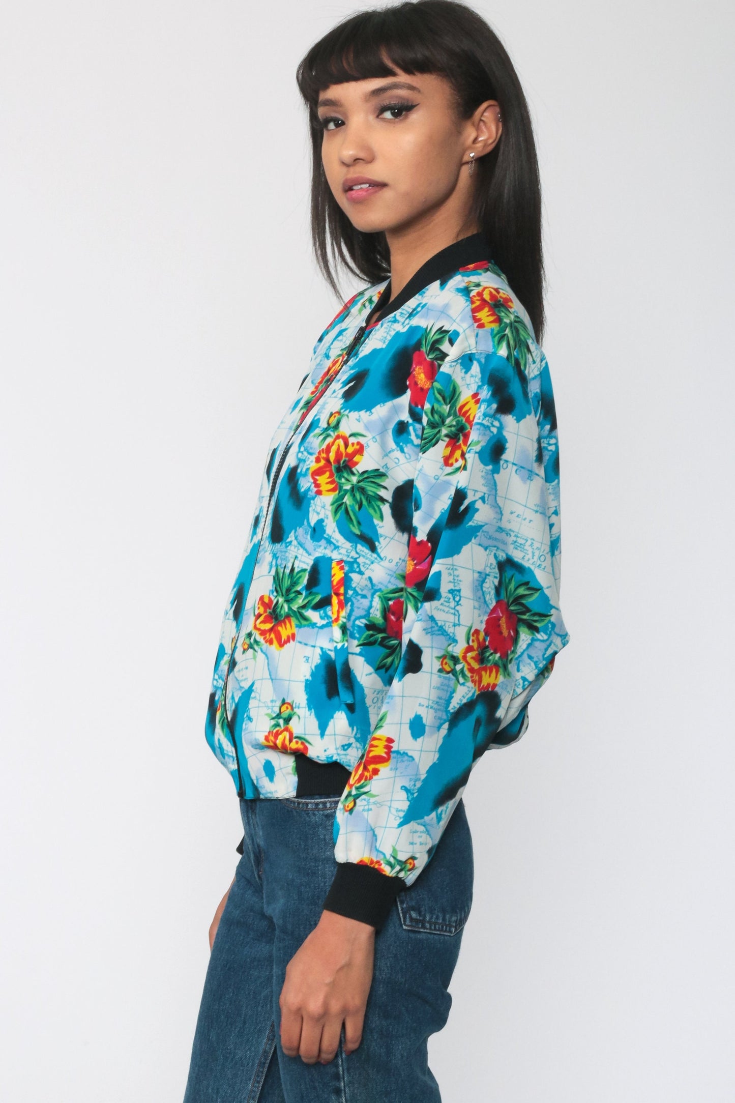 80s World Map Floral Windbreaker Jacket Blue Zip Bomber Small Medium