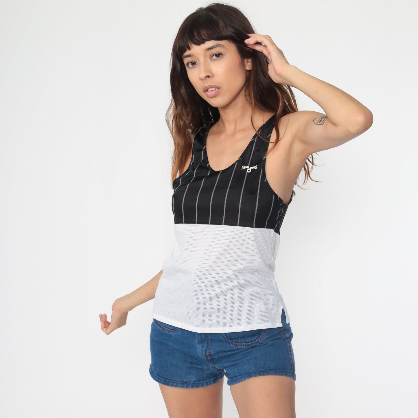 80s Spalding Mesh Tank Top Black White Color Block Sheer Small