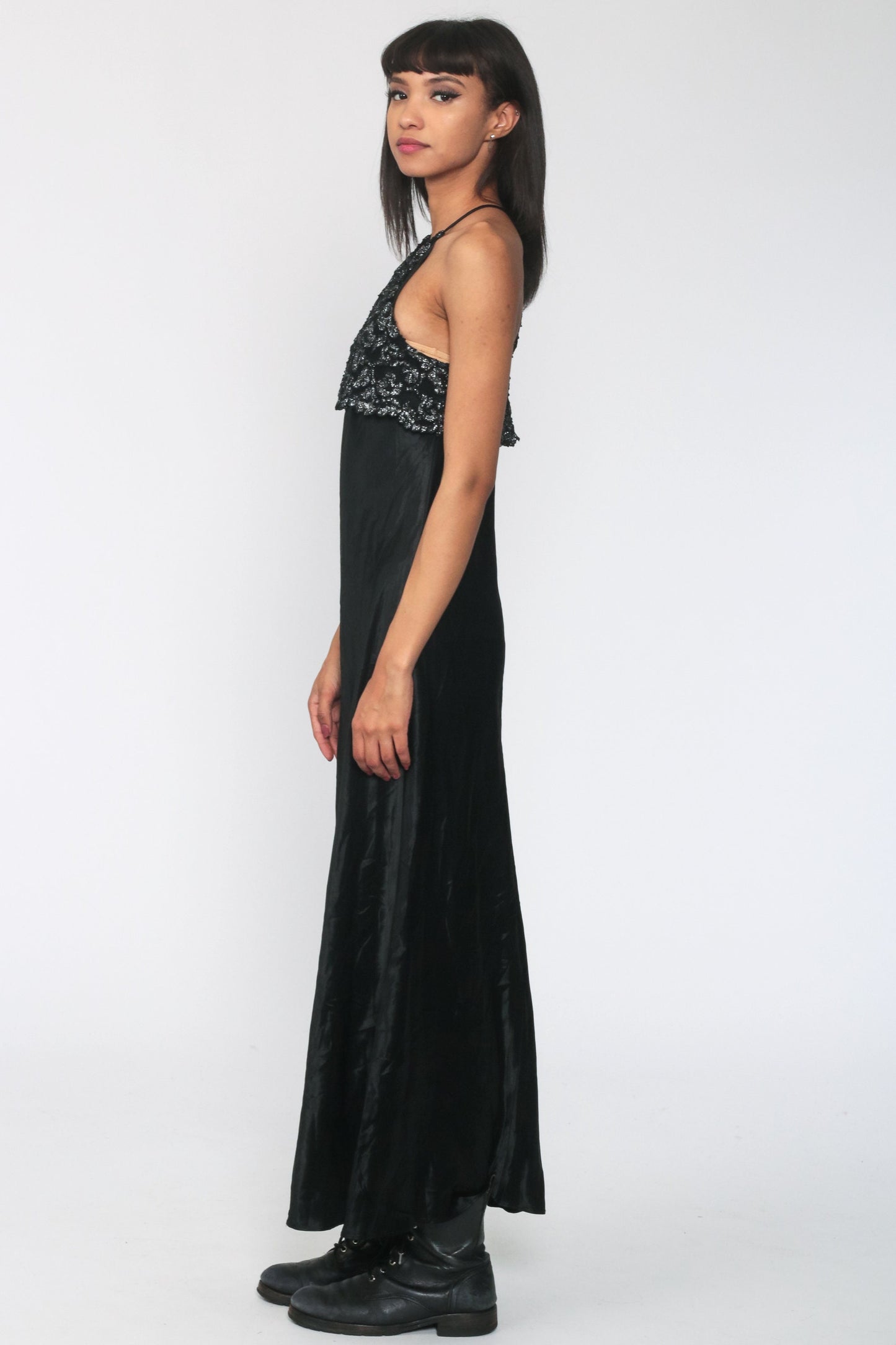 90s Black Metallic Lace Maxi Dress Spaghetti Strap Racerback Small