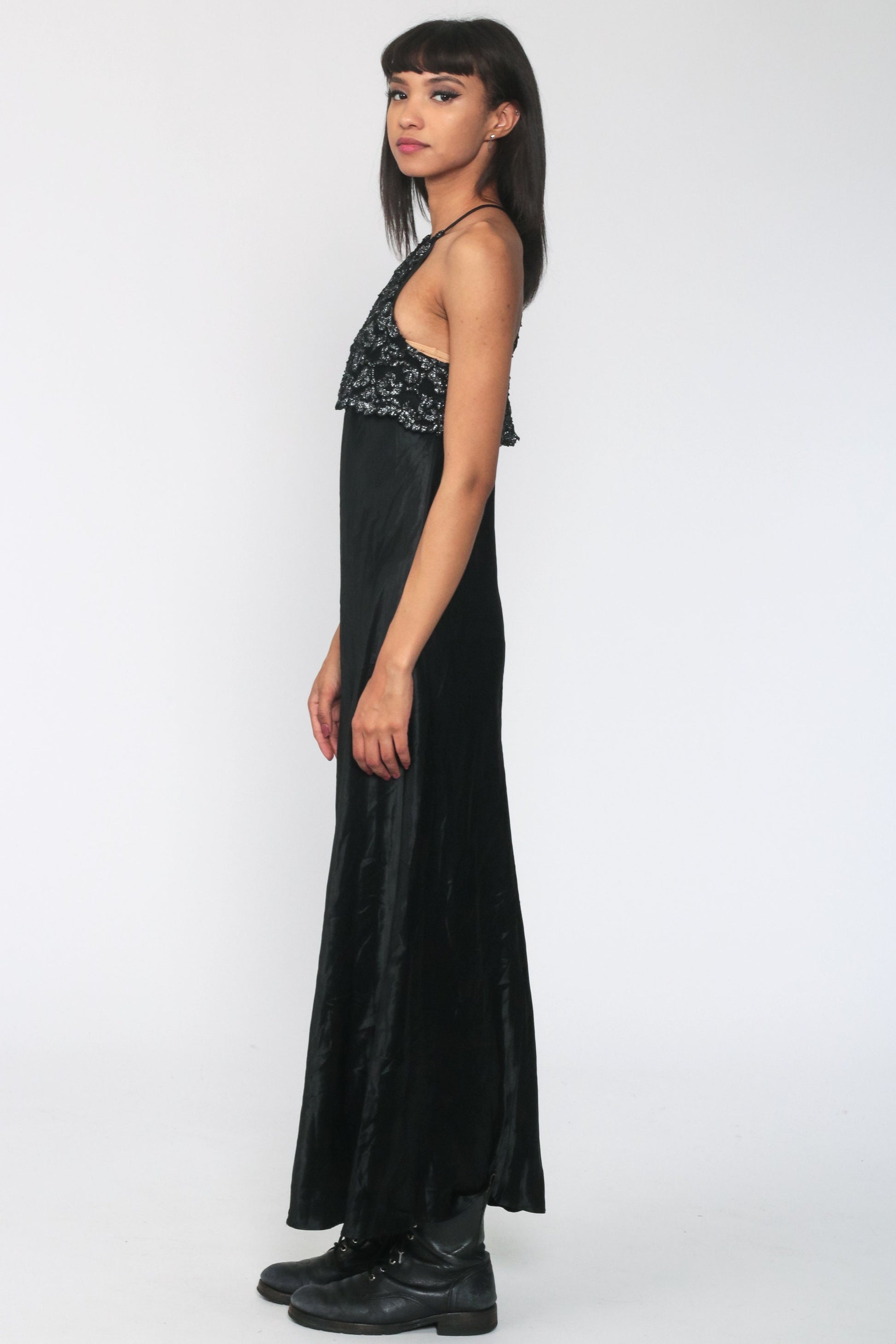 90s Black Metallic Lace Maxi Dress Spaghetti Strap Racerback Small